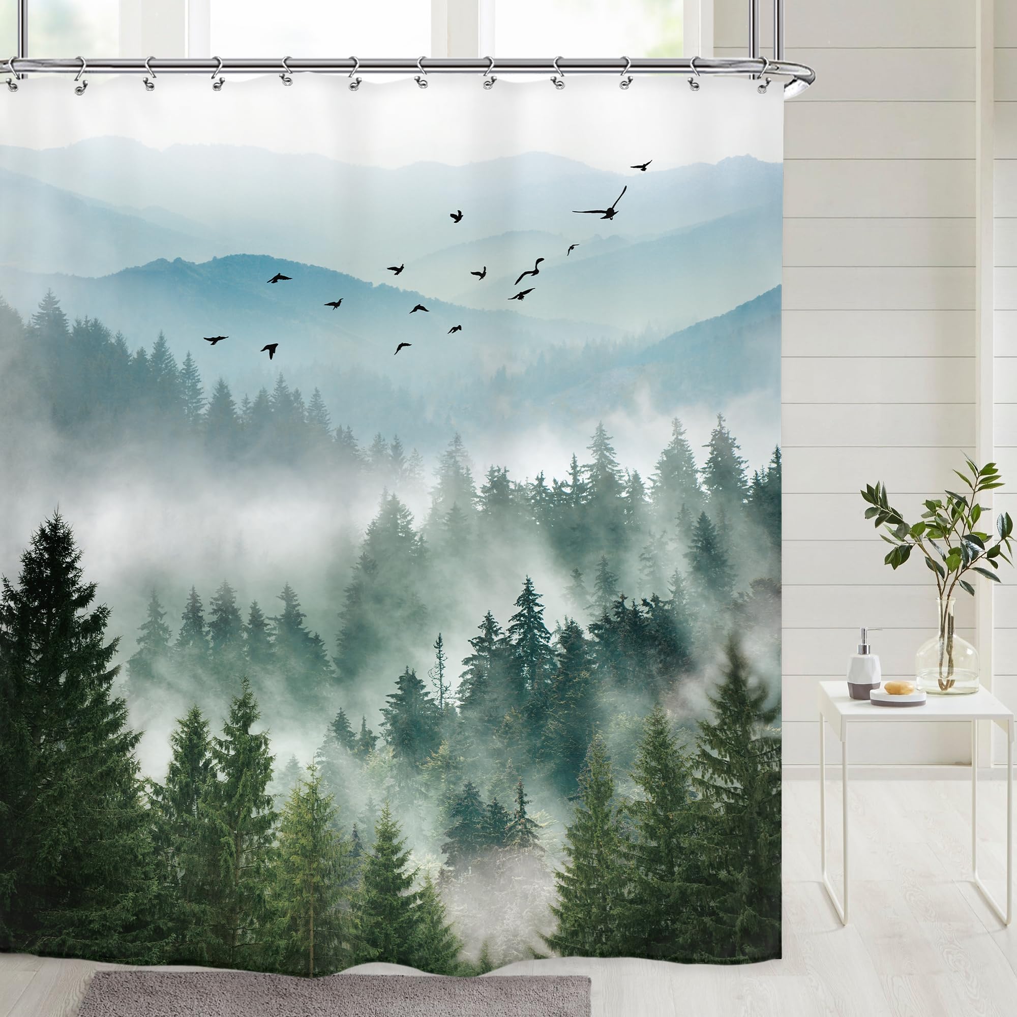 Riyidecor Green Mountain Shower Curtain 72Wx72H Inch Nature Scenery Foggy Pine Tree Scenic Woodland Greenery Landscape Mens Bath