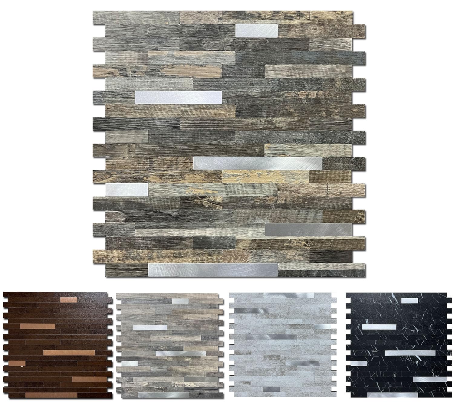 weimeisc 20-Sheet Peel and Stick Backsplash Tile, PVC Mixed Metal Stick on Backsplash Tiles for Kitchen (Green Wood Grain + Silv