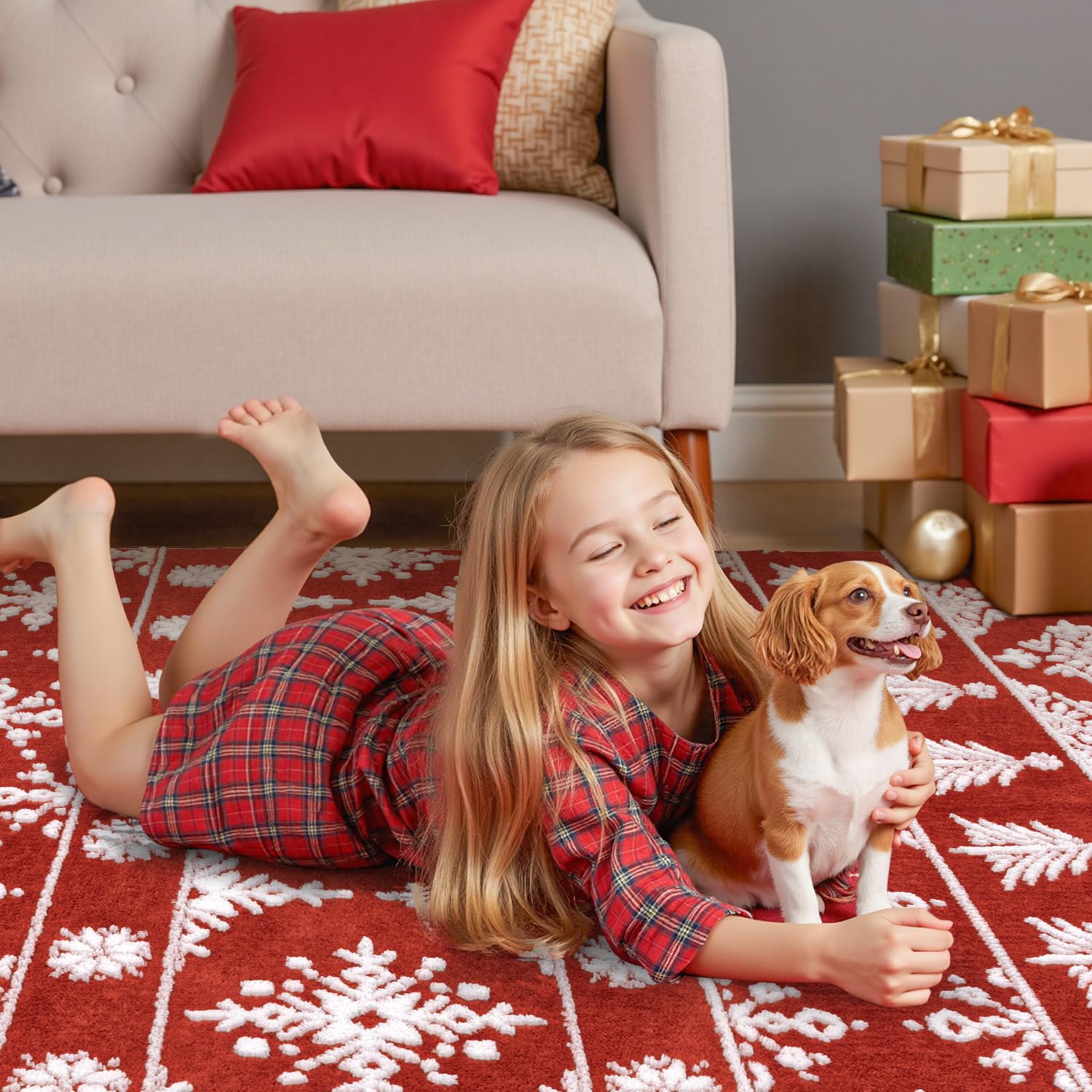 Findosom Christmas Area Rug 5x7, Fuzzy Soft Faux Wool Carpet with Snowflake & Tree, High-Low Pile Non-Slip Xmas Washable Rug for