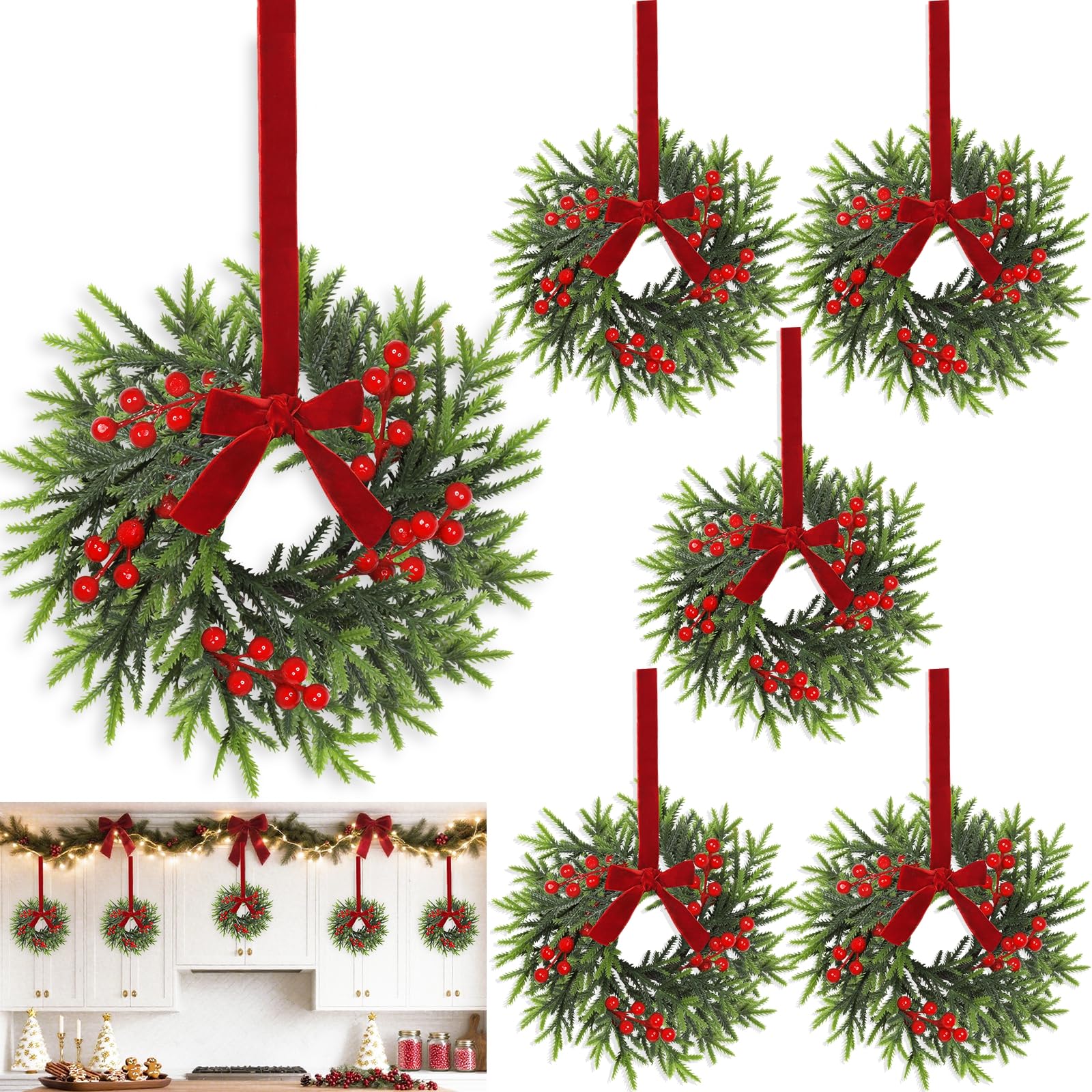 6 Pcs Mini Christmas Wreath for Cabinets Kitchen, 11 Inch Hanging Small Christmas Wreaths with Red Bows Cedar Branchs Red Berry 