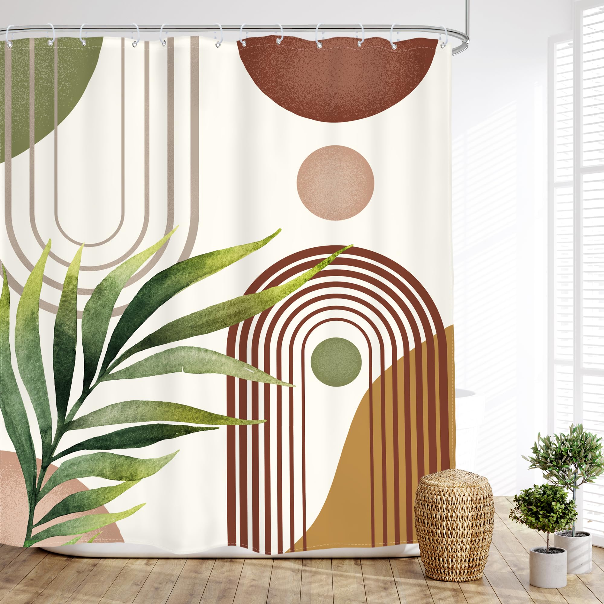 Glawry Green Brown Boho Shower Curtain Abstract Mid Century Plant Tropical Leaves Modern Geometric Bathroom Minimalist Arch Curv
