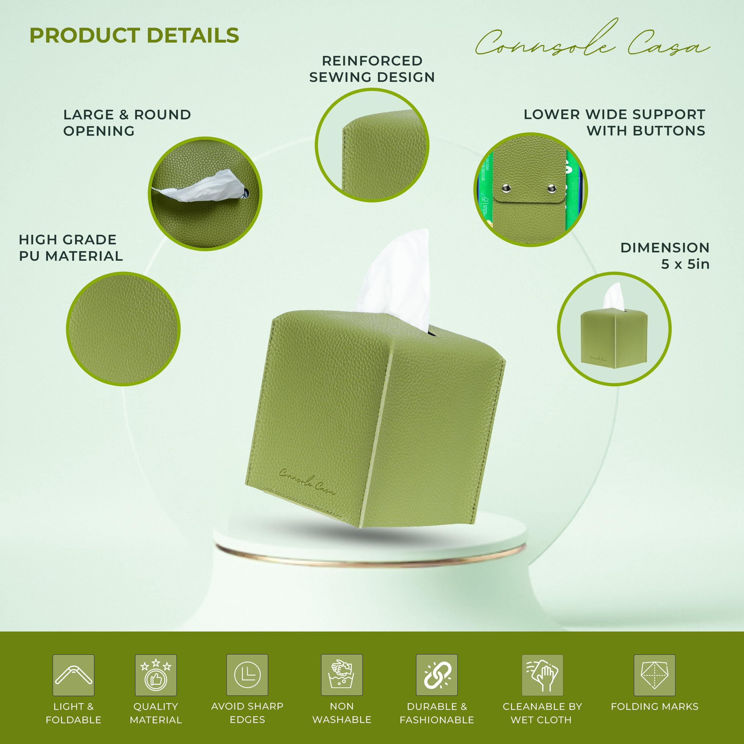 Connsole Casa Premium Pu Leather Tissue Box Holder - Elegant Hotel-Style Green Tissue Box Cover For Enhanced D  Cor Of Home, Off