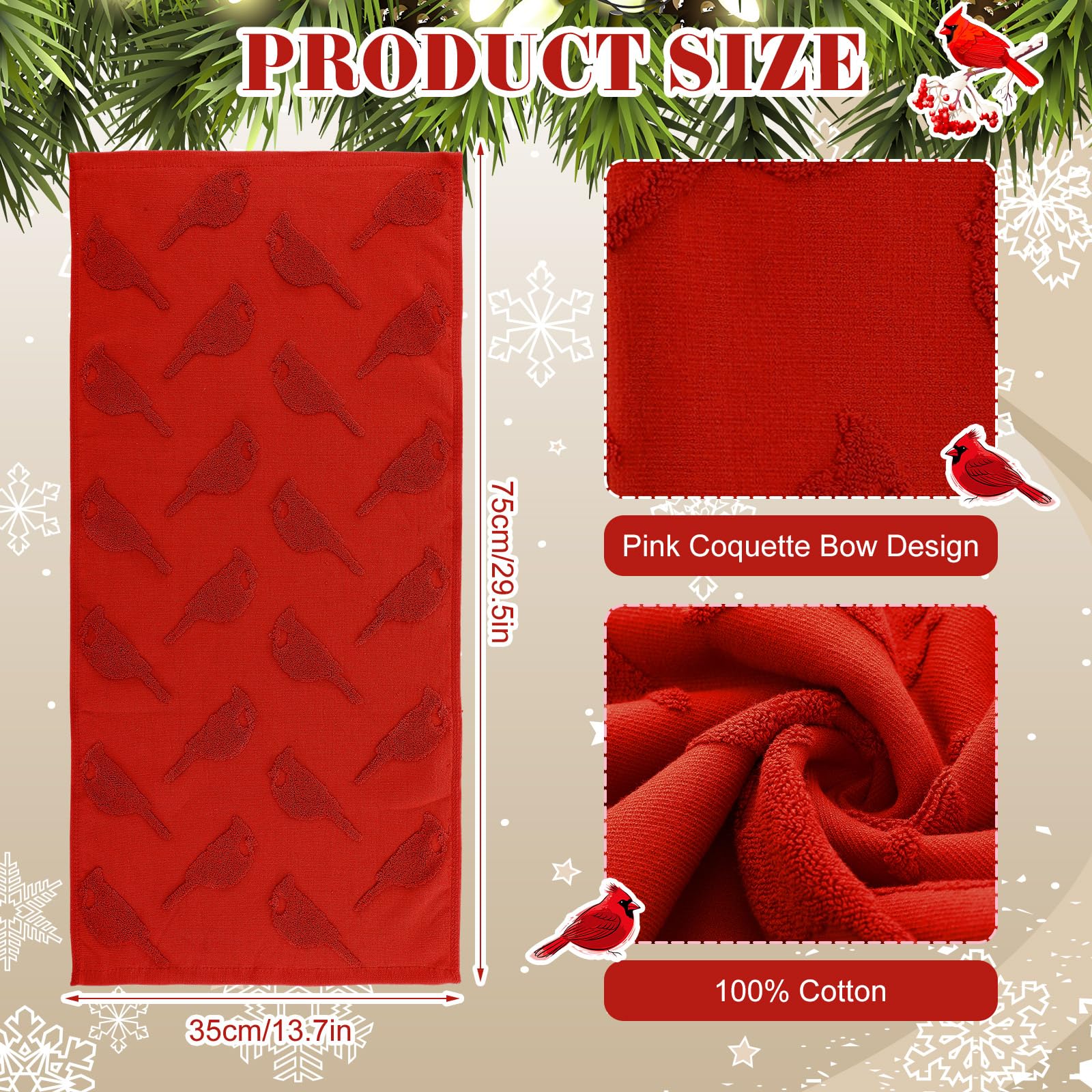 Breling 2 Pcs Christmas Hand Towels Red Cardinal Bathroom Decorative Towels 100% Cotton Absorbent Jacquard Weave Bath Decor Wint