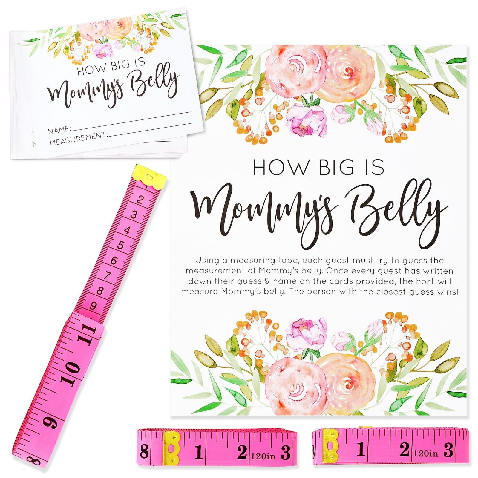 Sparkle And Bash Baby Shower How Big Is Mommys Belly Game With 24 Cards, 3 Pink Measuring Tapes, 1 Sign (28 Piece Set)