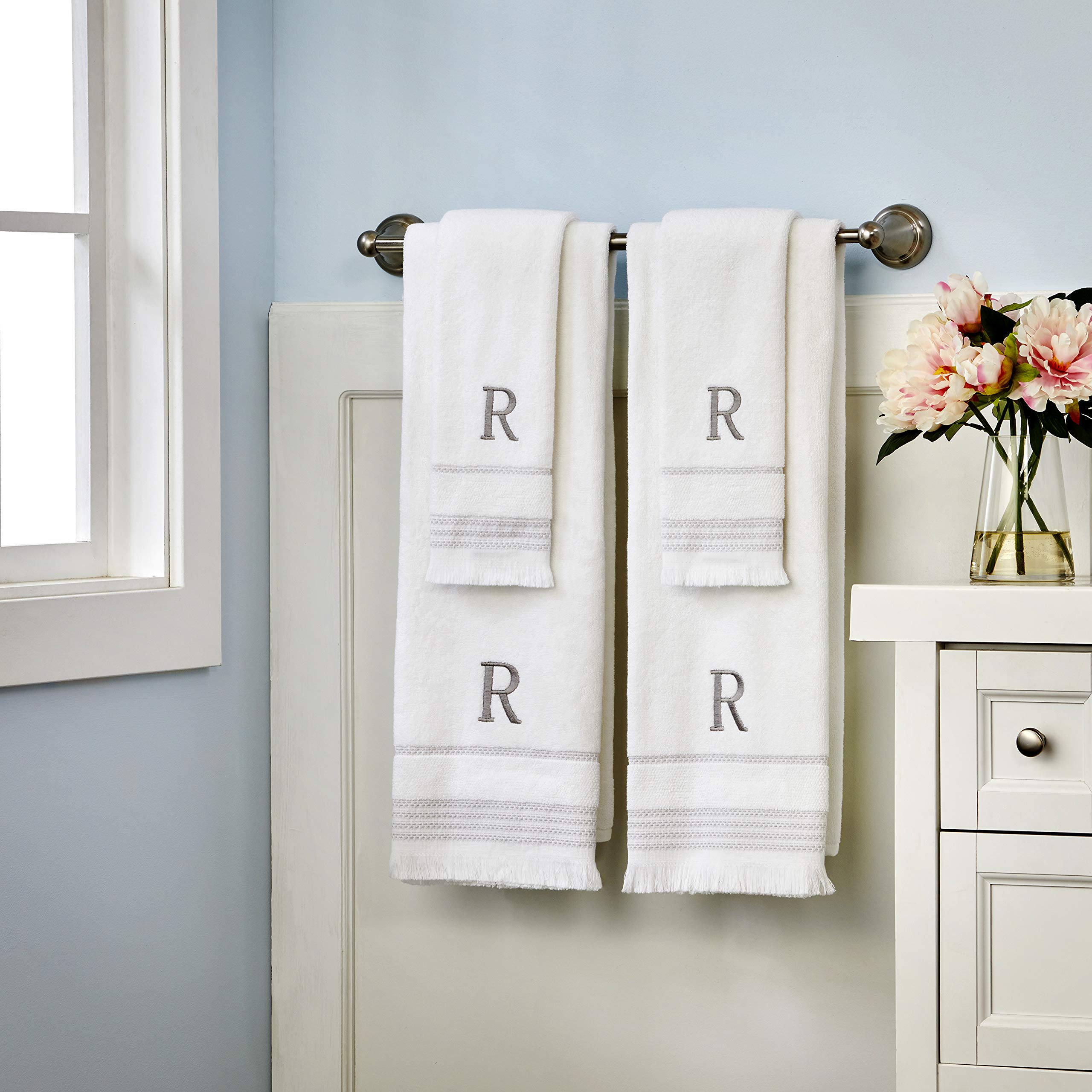 Skl Home Casual Monogram Hand Towel Set, L, 16X26, White 2 Count