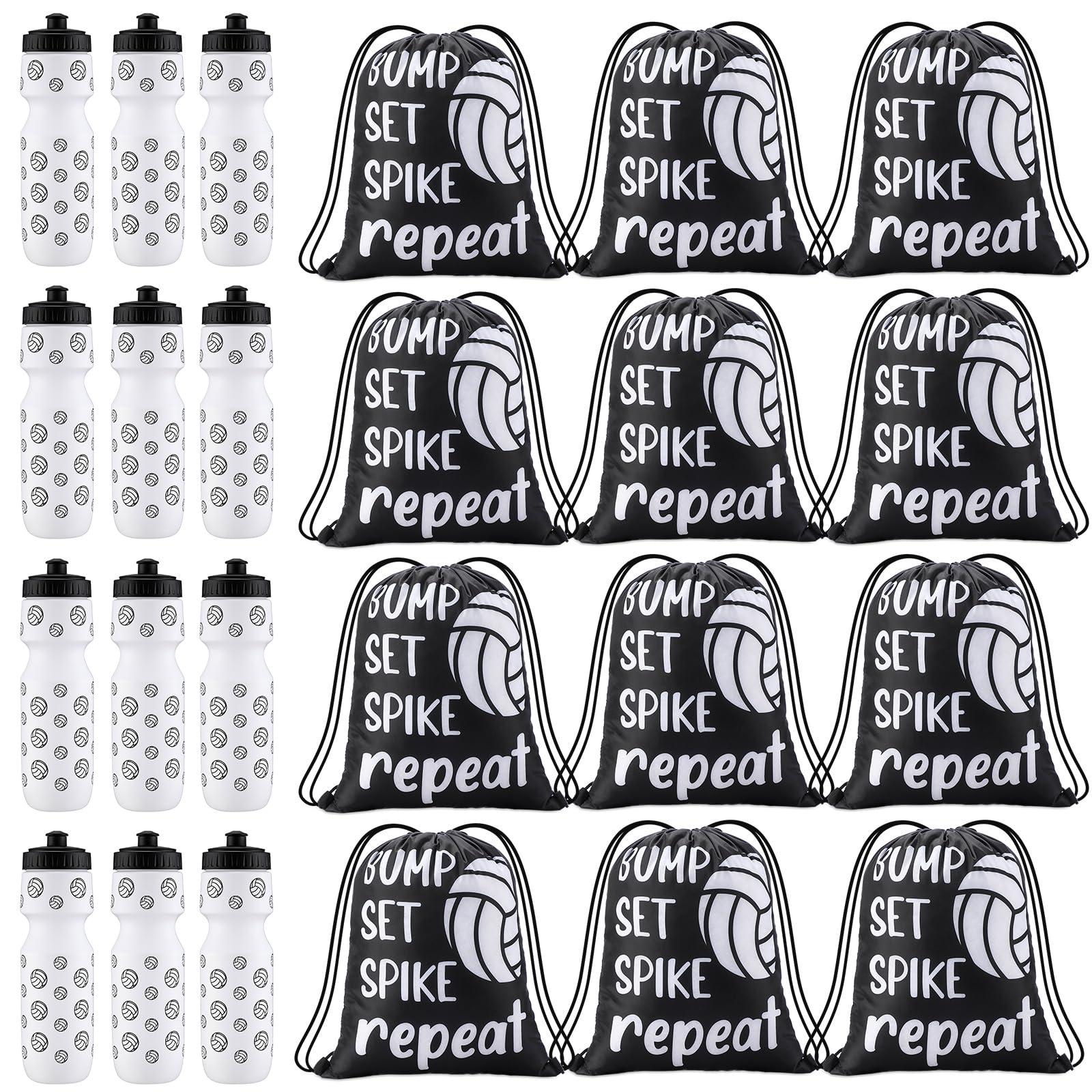 Talltalk 24 Pcs Volleyball Water Bottle and Drawstring Bag Set Volleyball Party Favor 24 oz Sports Squeeze Bottles with Drawstri