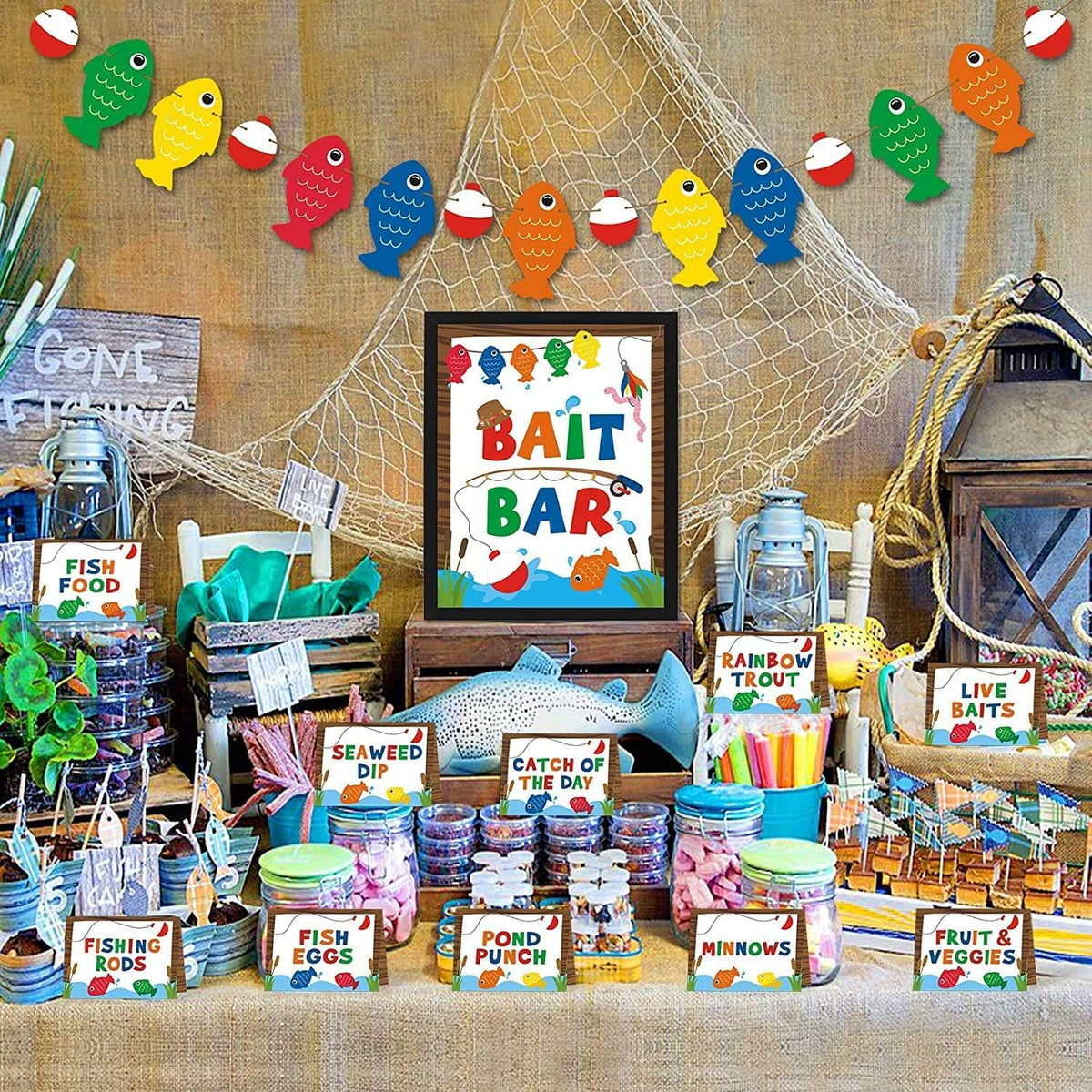 Yaaaaasss! Gone Fishing Bait Bar Bobber Dessert Food Buffet Decoration-Fishing Banner Food Labels The Big One Dessert Table Birt