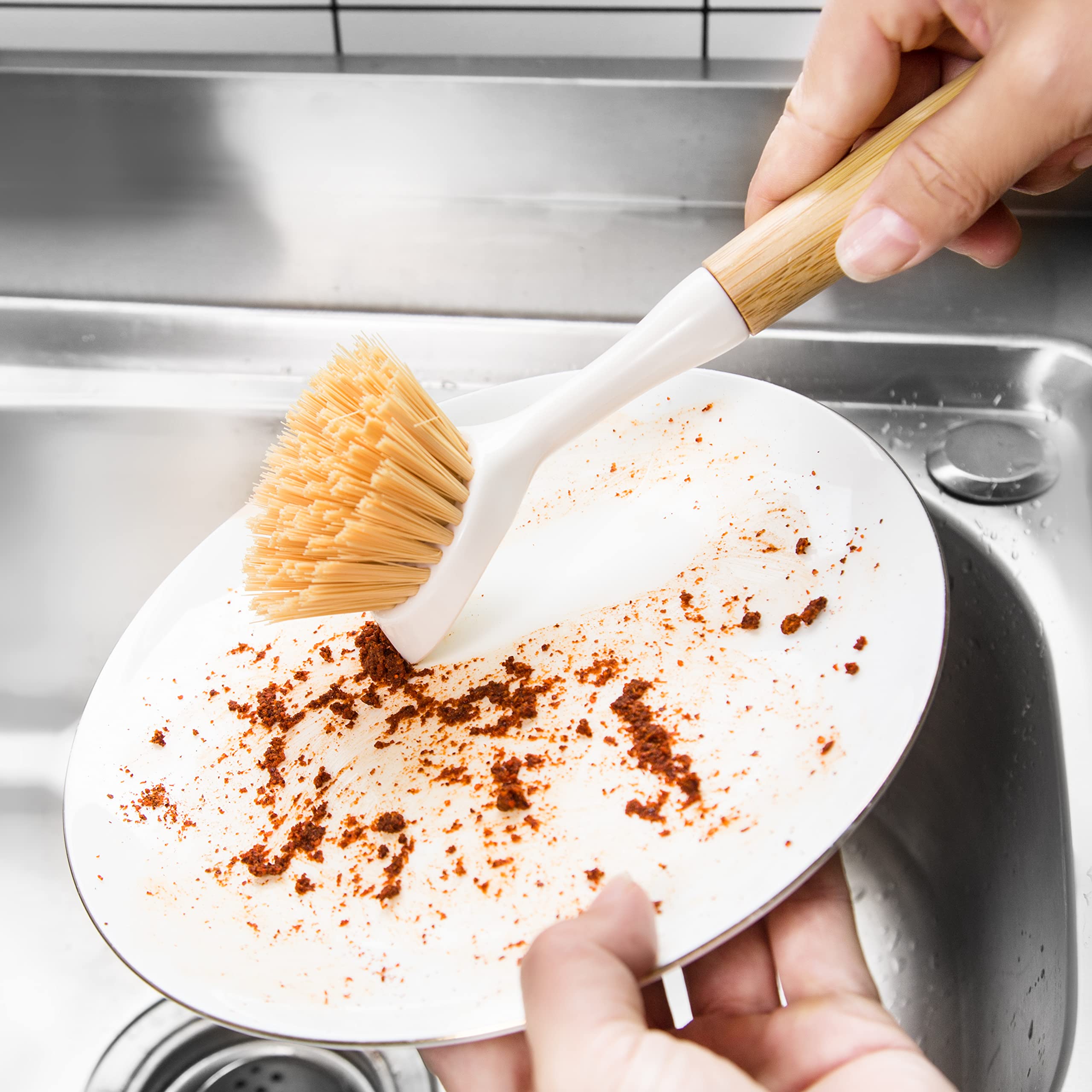 Funcee 2 Pack Kitchen Dish Brushes With Bamboo Handle, Dish Scrubber Built-In Scraper, Scrub Brush For Pans, Pots, Counter & Kit