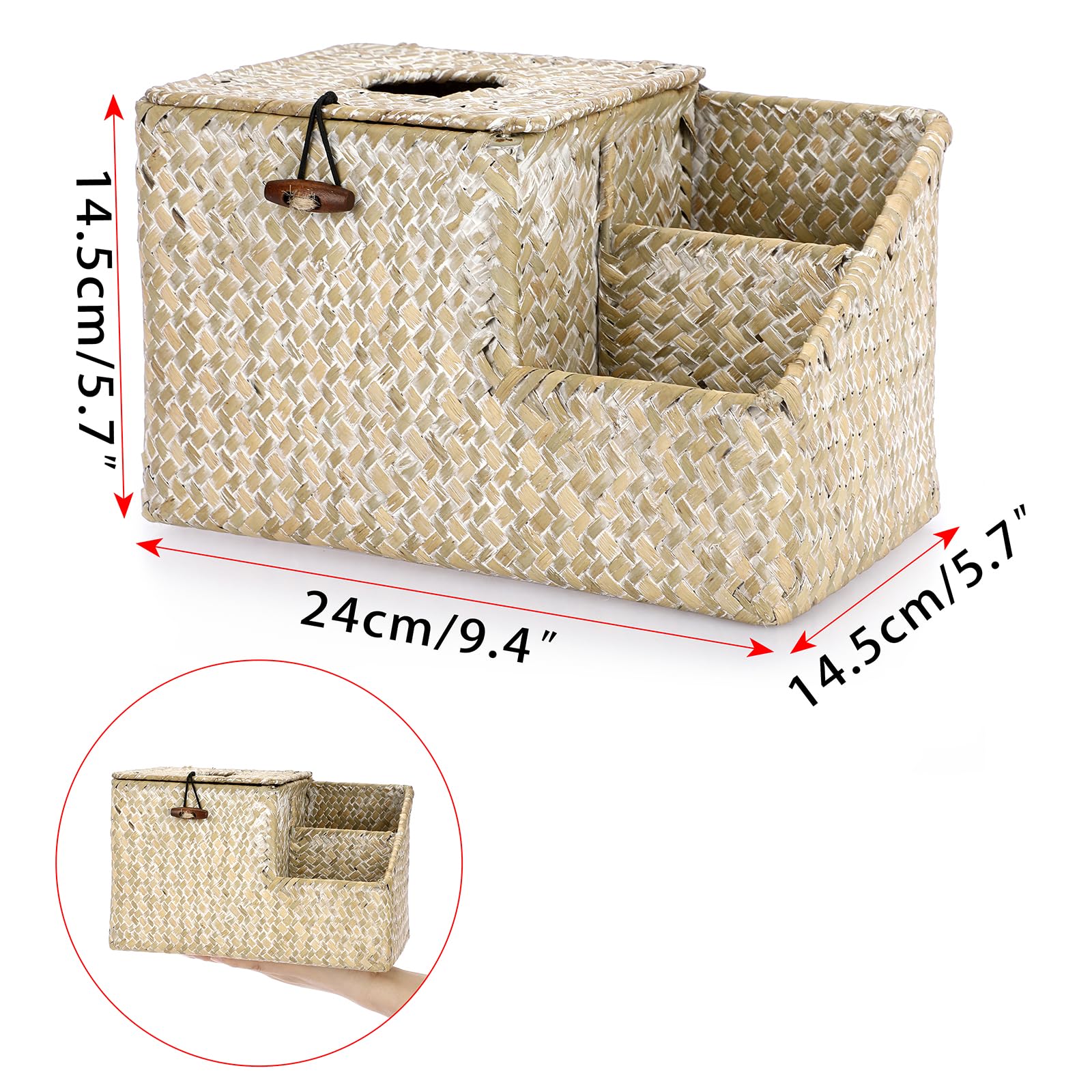 Sumnacon Tissue Box Cover-Square Woven Tissue Box Organizer For Desk Rustic Seagrass Tissue Box Holder With Side Organizer Decor