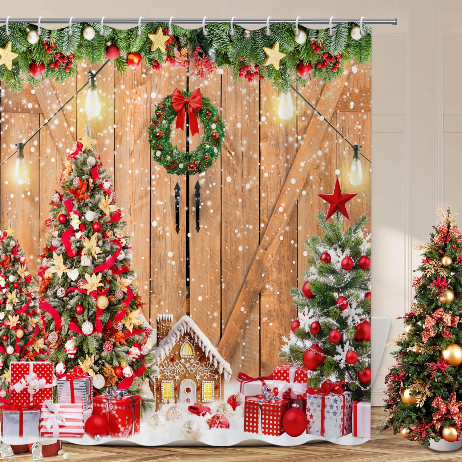 Caheansi Christmas Shower Curtain, Farmhouse Rustic Barn Door Wooden Gingerbread House Xmas Tree Winter New Year Holiday Bathroo