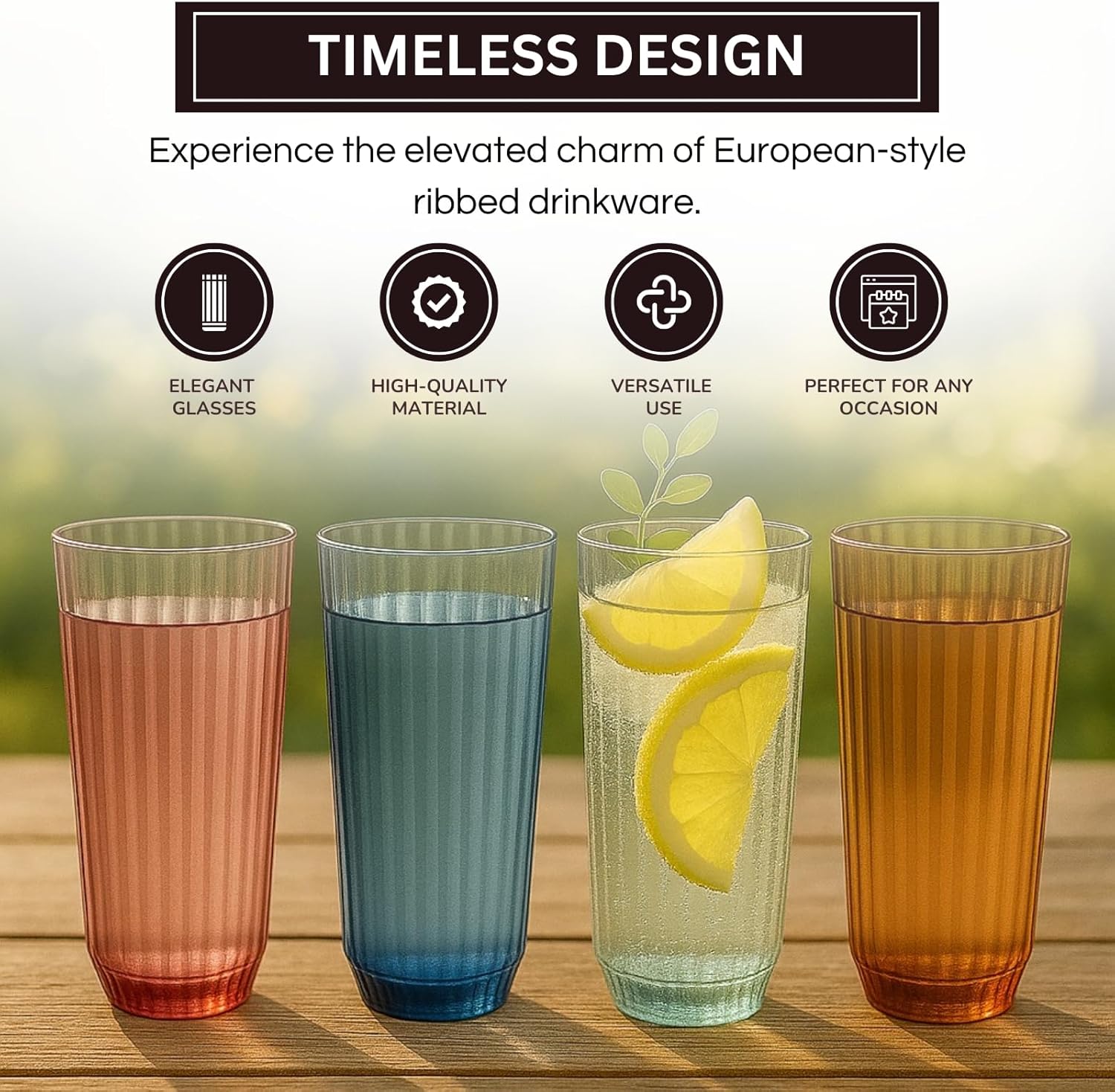 Khen Shatterproof Acrylic Ribbed Drinking Glasses Set | Set of 4