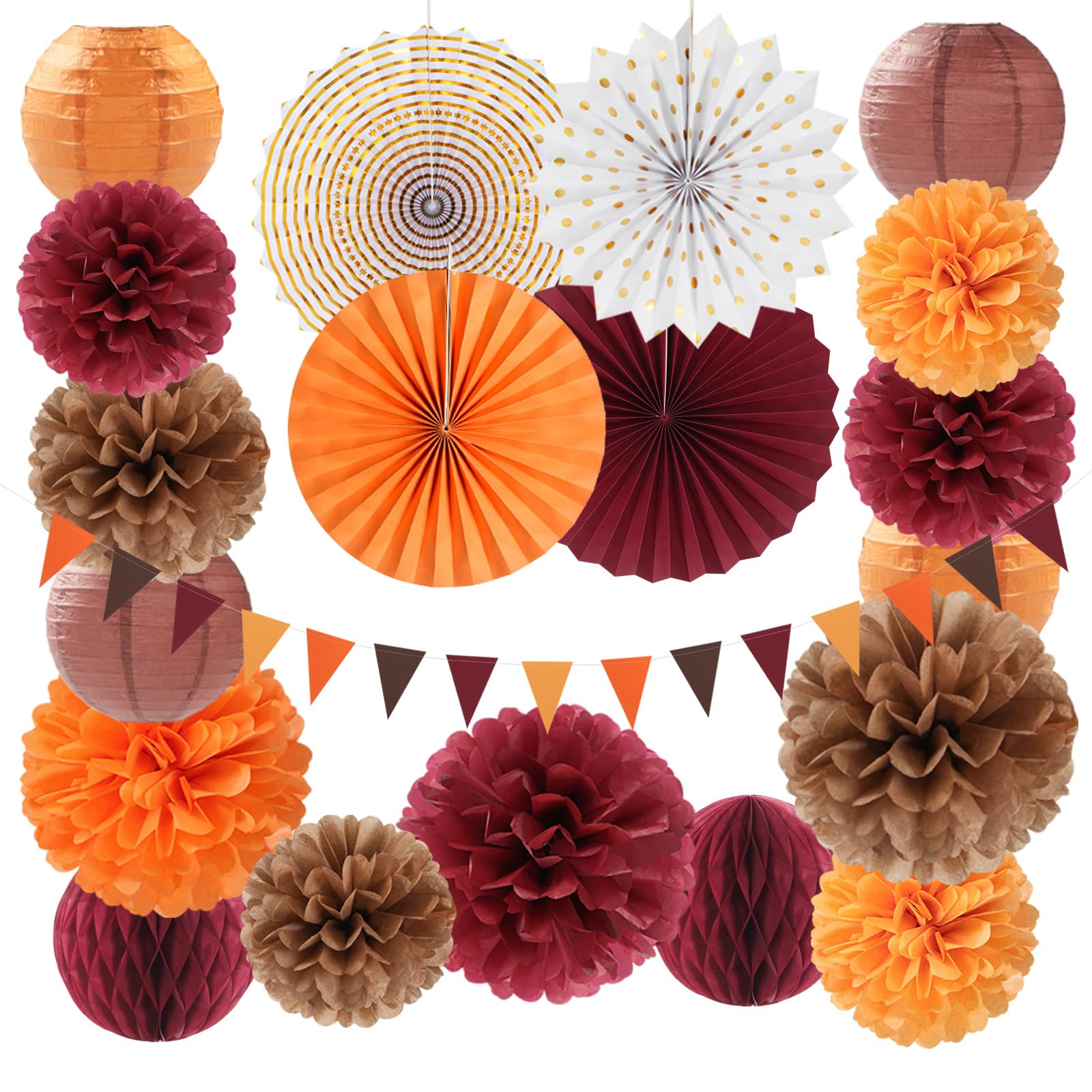 Burgundy Brown-Orange Baby-Shower Boho Party-Decorations - 20Pcs Fall Autumn Paper Lanterns Fans,Tissue Pom Poms,Honeycomb Balls