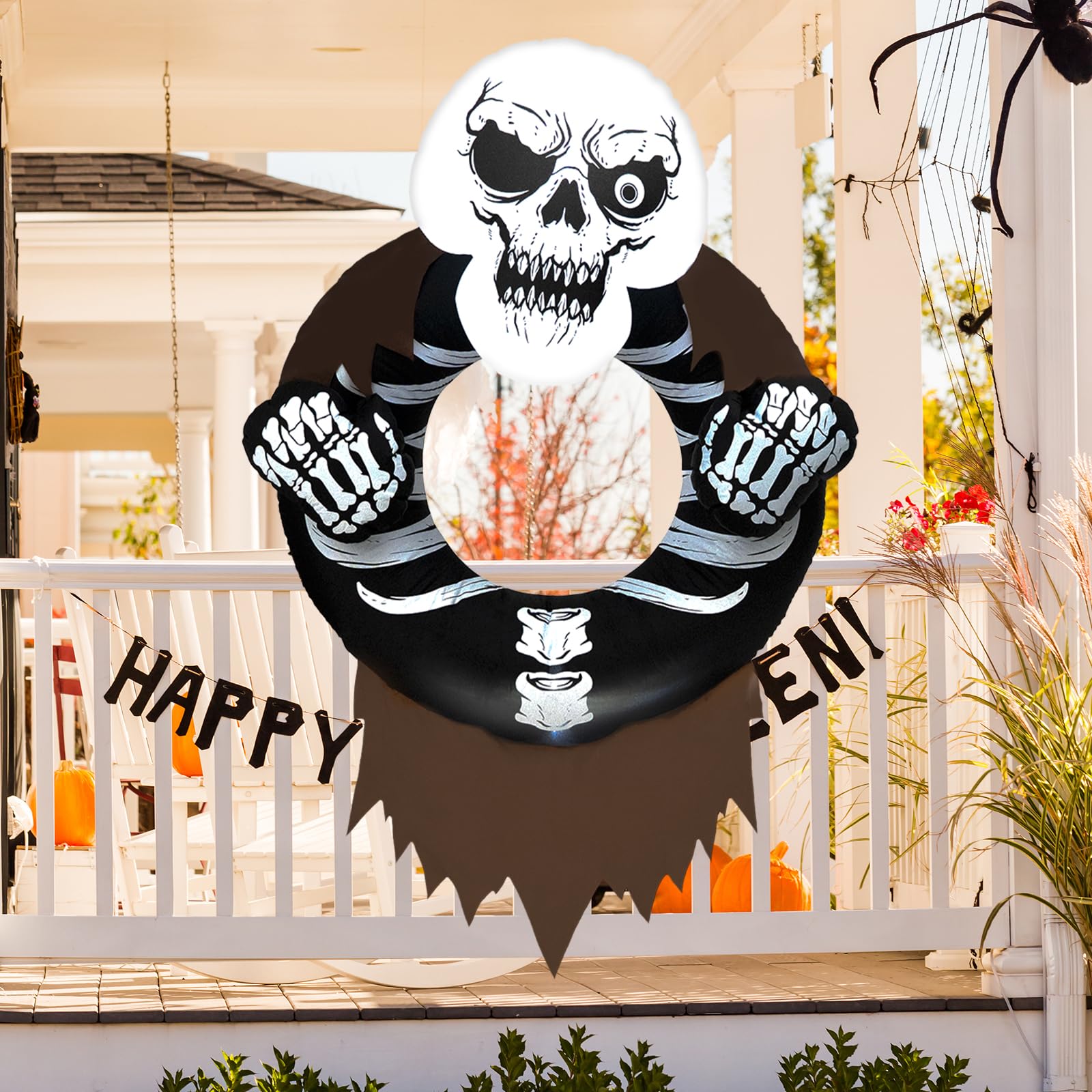 Halloween Inflatable, SHDEJTG 7FT Skull Wreath Inflatable Decoration, with Suction Cup and Hanging Rope, with LED Lights Built-i