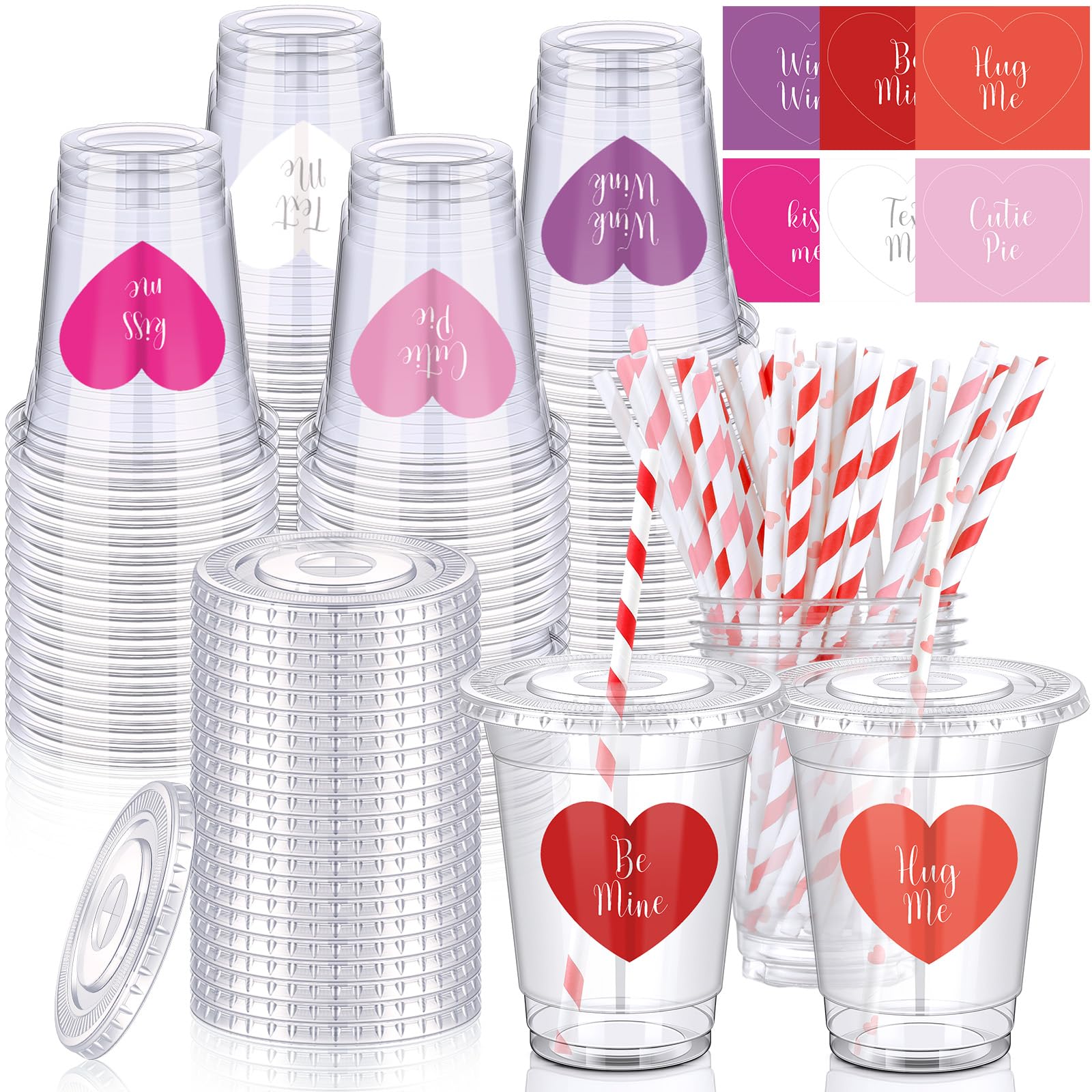 36 Sets Valentines Day Party Cups With Lids And Straws Heart Stickers Plastic Clear 12Oz Valentine'S Day Disposable Cups For Cof