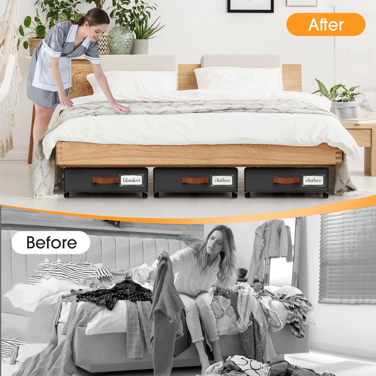 SpaceHacks Under Bed Storage with Wheels 3Pack Storage Containers with Clear Window&Label Under Bed Drawers Rolling Under Bed St