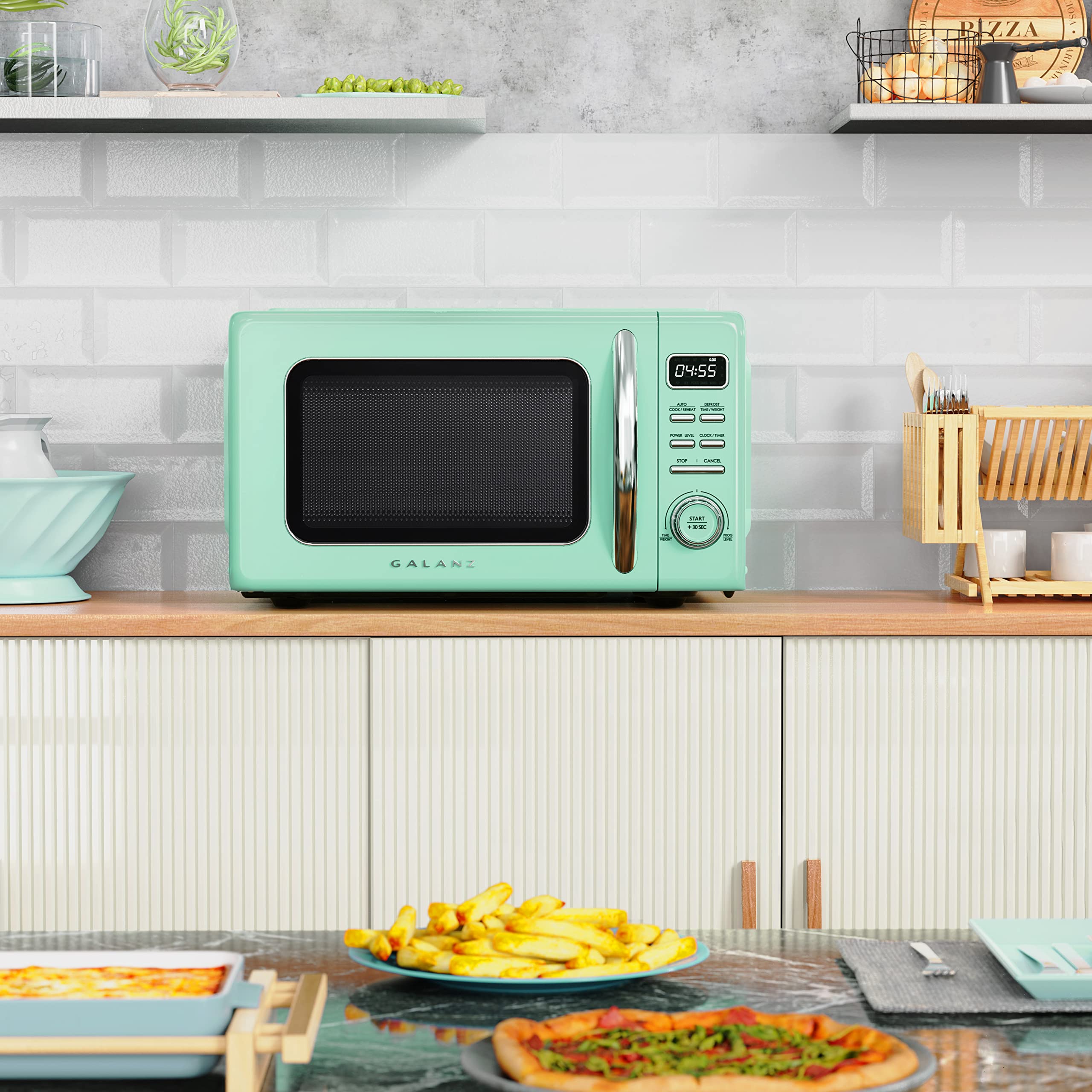 Galanz Retro Countertop Microwave Oven, 0.7 cu ft, Stainless Steel, Green, Model GLCMKZ07GNR07, Auto Cook, Easy Clean, Pull Handle