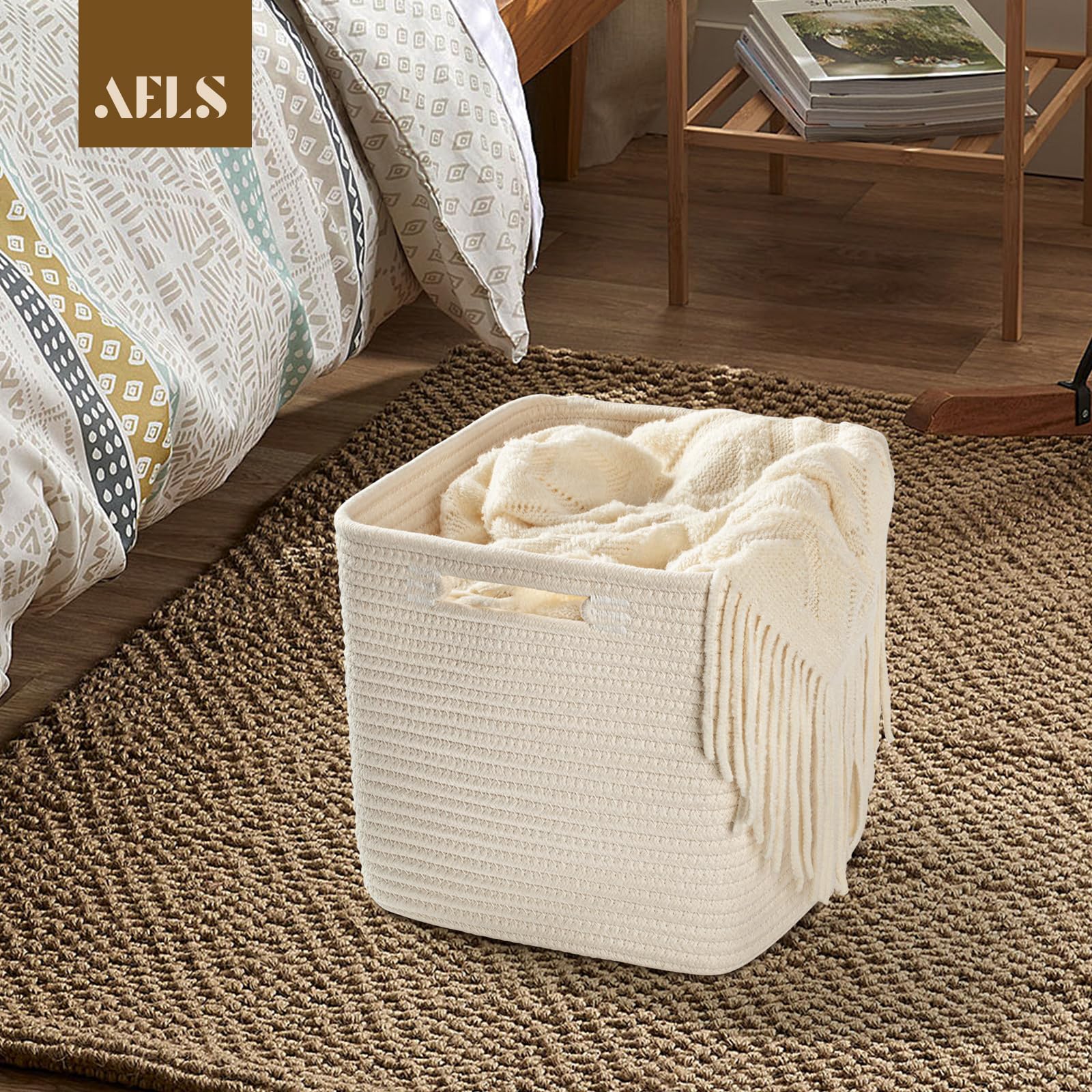 Aels Hand Woven Cotton Basket For Storage, Cube Storage Bins With Handles, Foldable Collapsible Closet Organizers And Storage, B