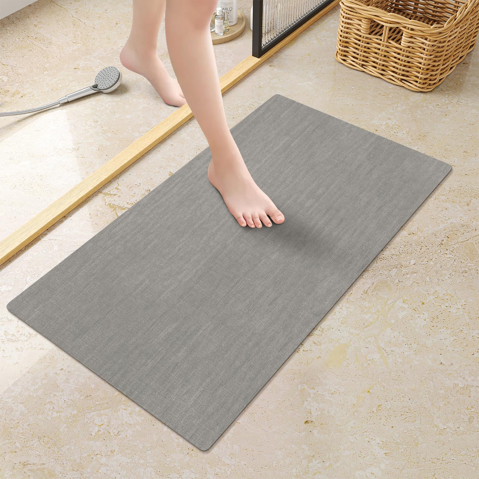 Mecko Bath Mat Rug, Ultra Thin Bathroom Rug -Rubber Non-Slip Quick Dry Absorbent Bath Mat Fit Under Door, Faux Suede Surface Bat