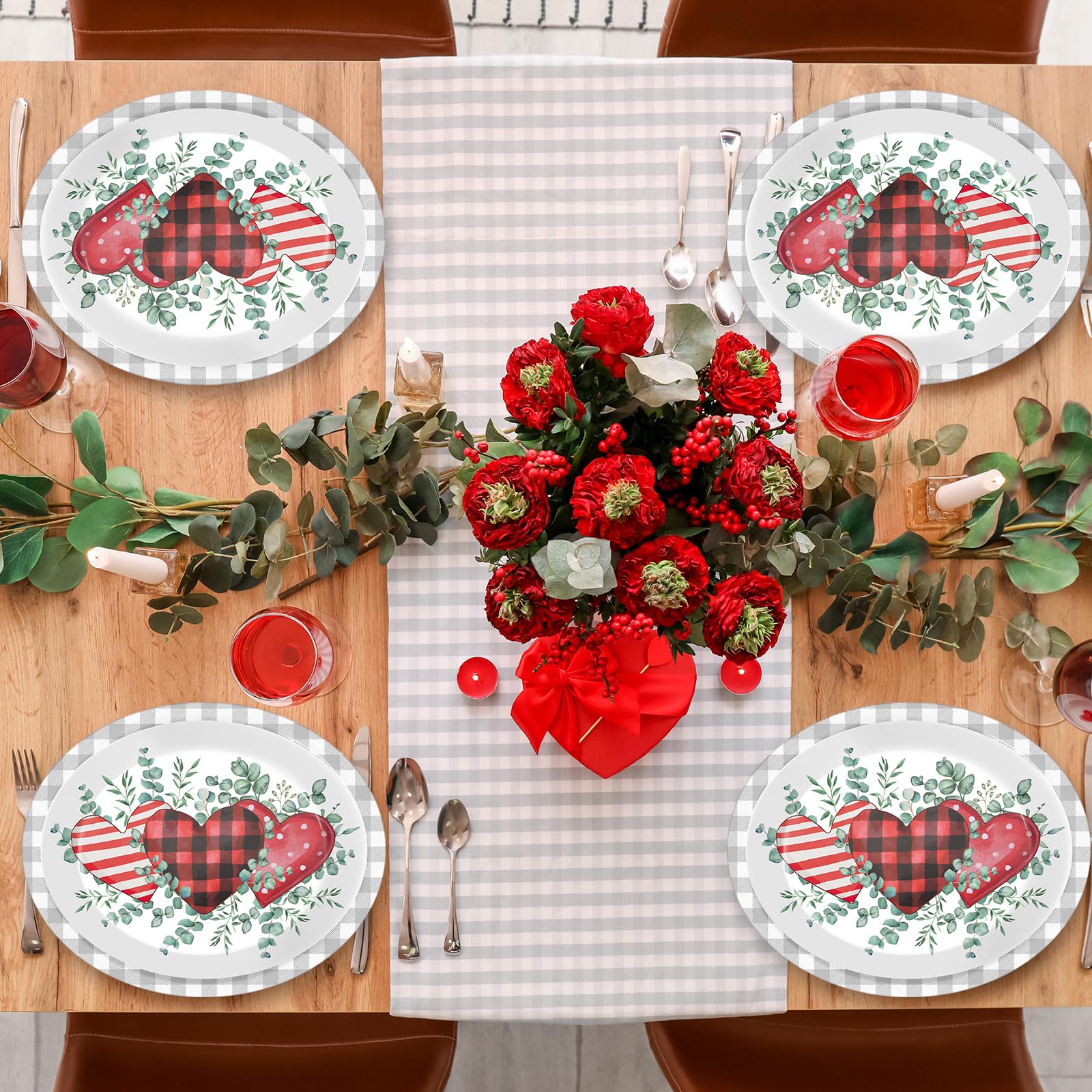 Chunnin 50Pcs Valentine'S Day Party Supplies Valentines Party Oval Paper Plates 11.6 X 9.5In Eucalyptus Love Heart Disposable Ta