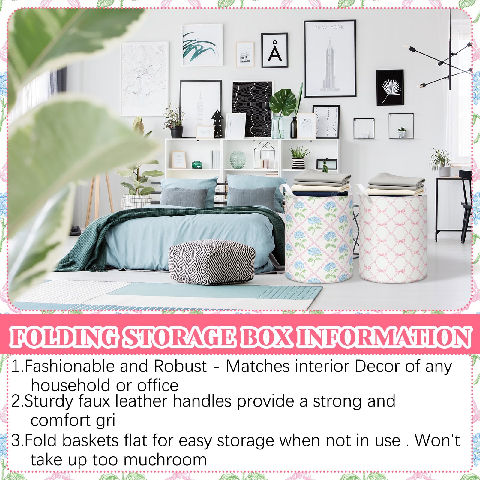 Croblissful Blue Hydrangea Laundry Basket Bow Coquette Storage Basket For Girls Nursery Hamper With Handles Foldable Waterproof
