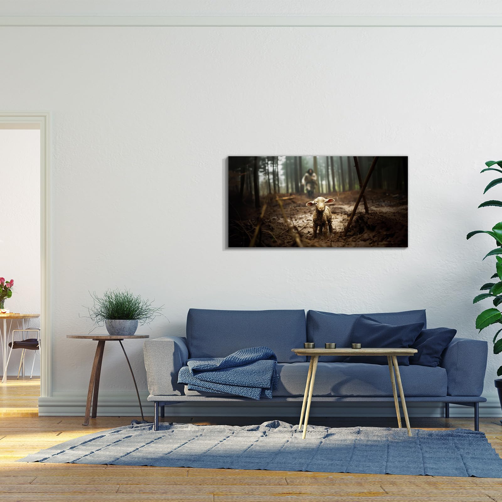 Jesus And Lamb Canvas Wall Art 40''X20'' Jesus Running After Lost Lamb Picture Wall Art Canvas Print Christian Home Decor