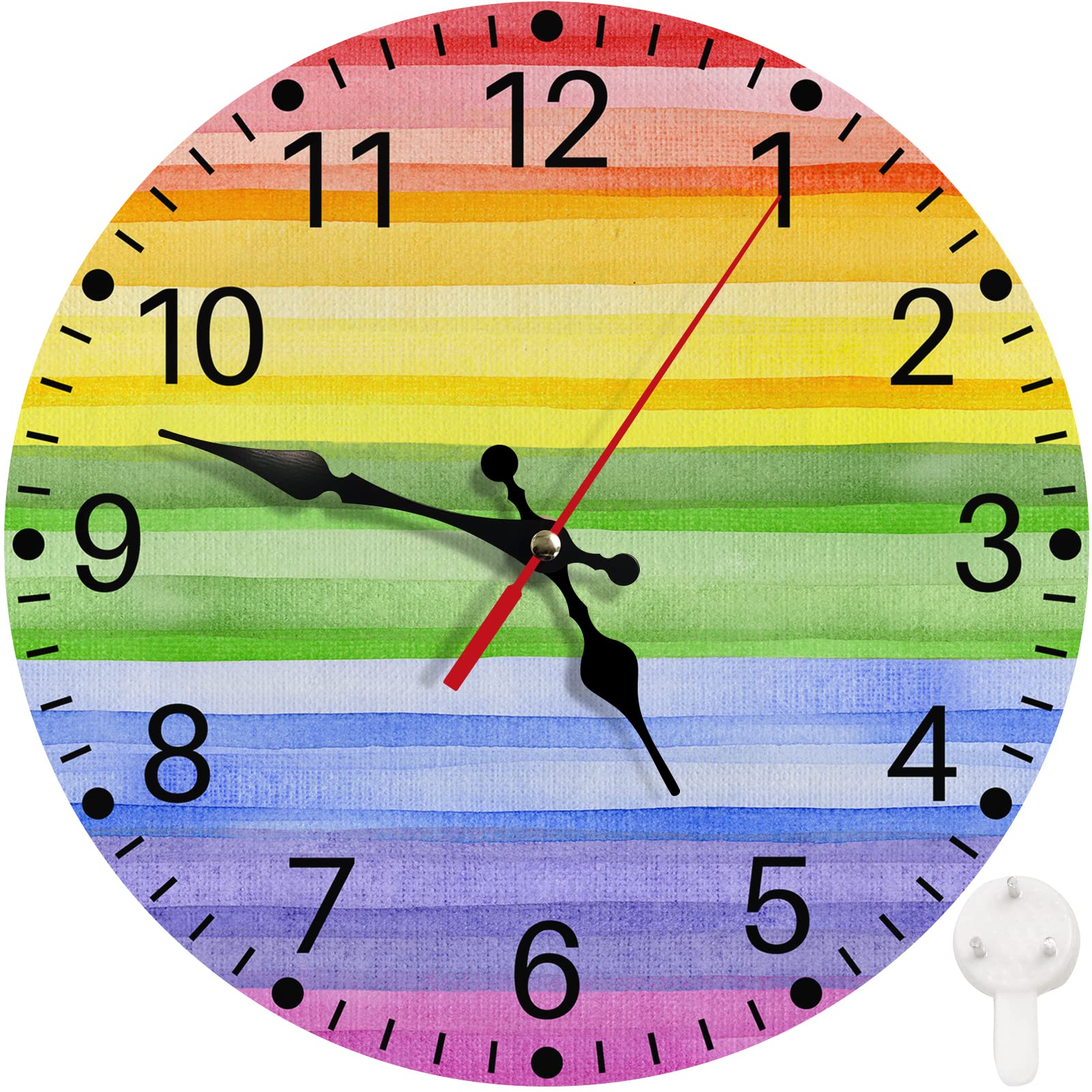 Britimes Round Wall Clock Silent Non-Ticking Battery Operated Clock 10 Inch, Rainbow Happy Striped Watercolor Purple Home Decor 