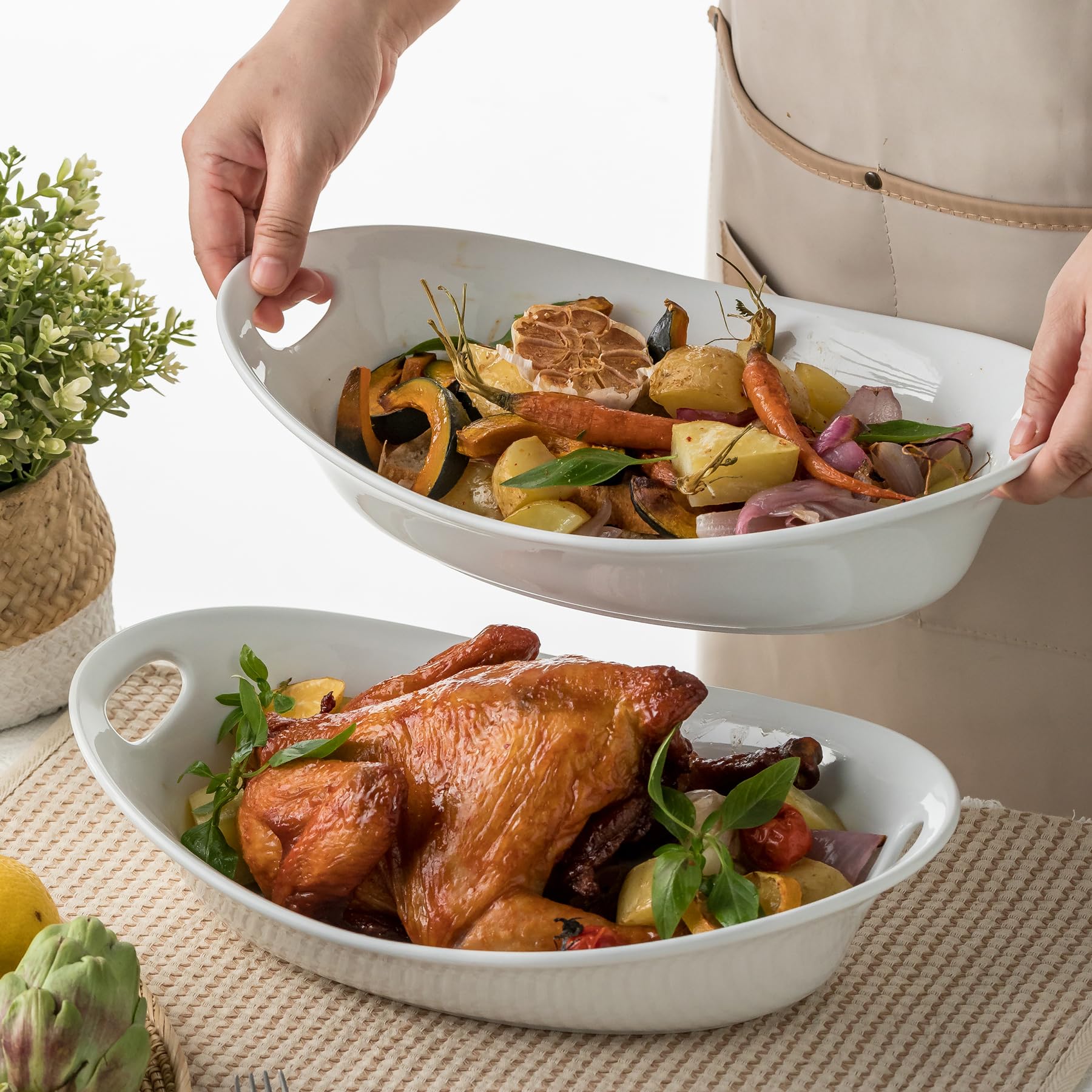 YHOSSEUN Large Ceramic Serving Bowl Set of 2, 1.5 Quart Oval Platter, White, Ideal for Thanksgiving and Entertaining