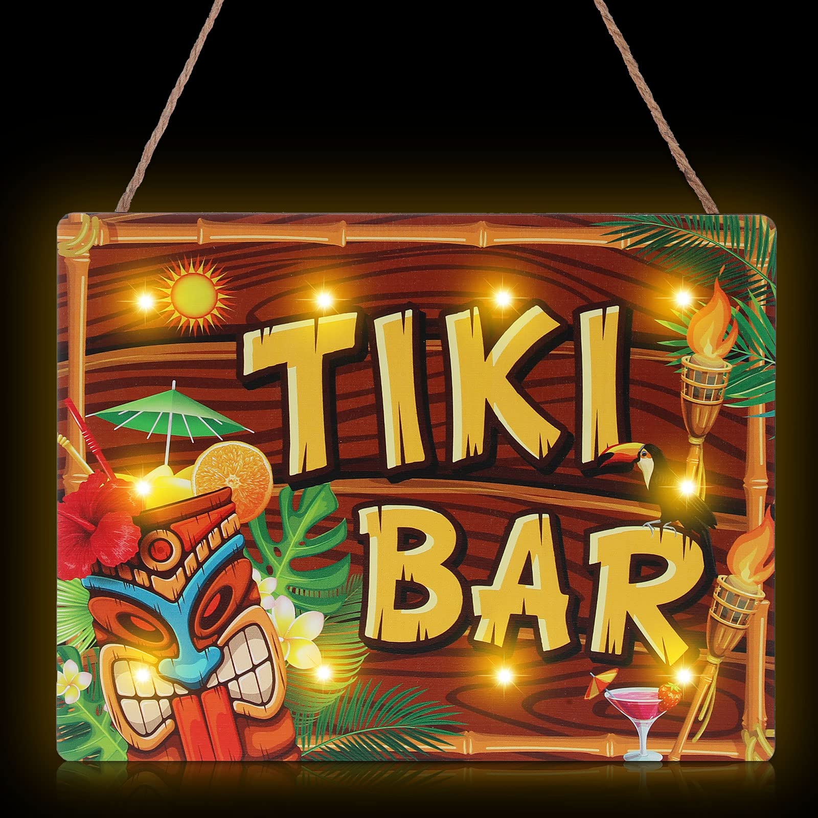 Blulu Tiki Bar Sign Hawaiian Luau Party Decoration Supplies Wooden LED Light Tiki Plaque for Aloha Hawaii Luau Tropical Birthday