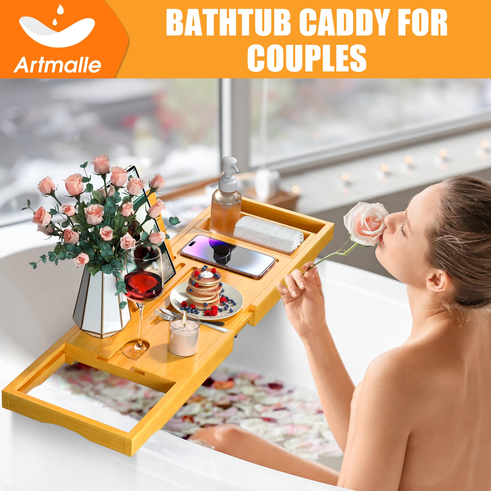 Artmalle Foldable Bathtub Tray For Tub, Bamboo Bathtub Caddy Tray Table With Book Stand For Luxury Bath, Bathroom Accessories Fo