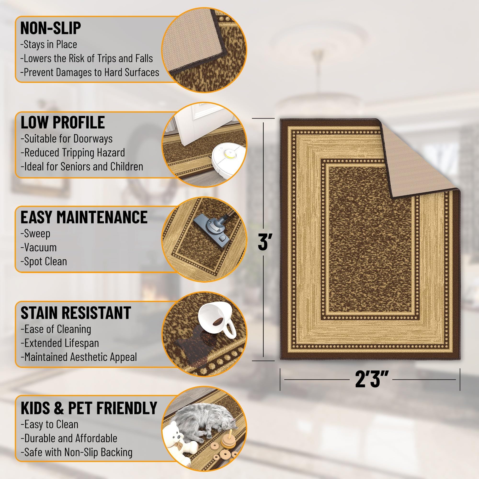 Ottomanson Rugs for Entryway 23 x 3 Non Slip Border Small Area Rugs Durable Front Door Mat Rug Stain Resistant Entrance Rugs f