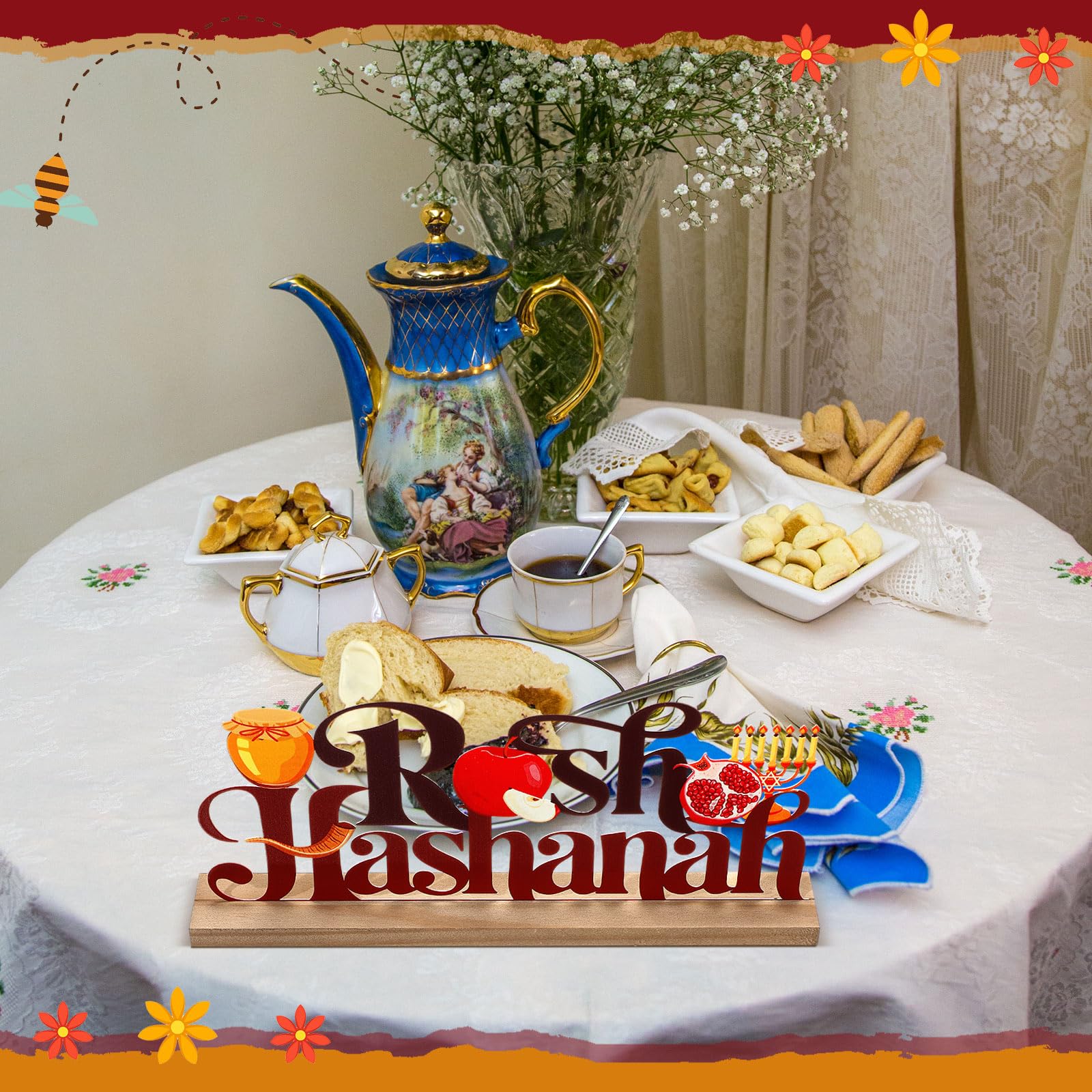 MiniInflat Rosh Hashanah Metal Sign Jewish New Year Table Centerpiece Tiered Tray Decor with Wooden Base Apple Pomegranate Decor
