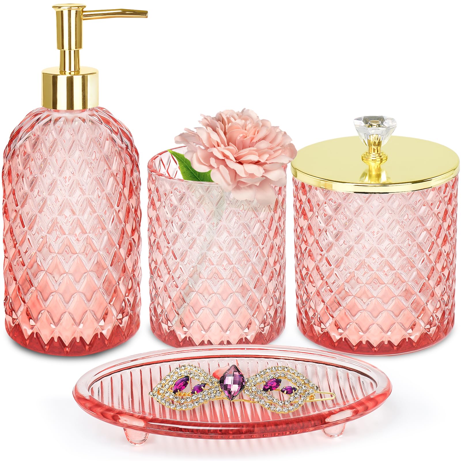Haturi Pink Bathroom Accessories Set, 4 Pcs Glass Bathroom Accessory Set Complete W/Soap Dispenser, Toothbrush Holder, Qtip Hold