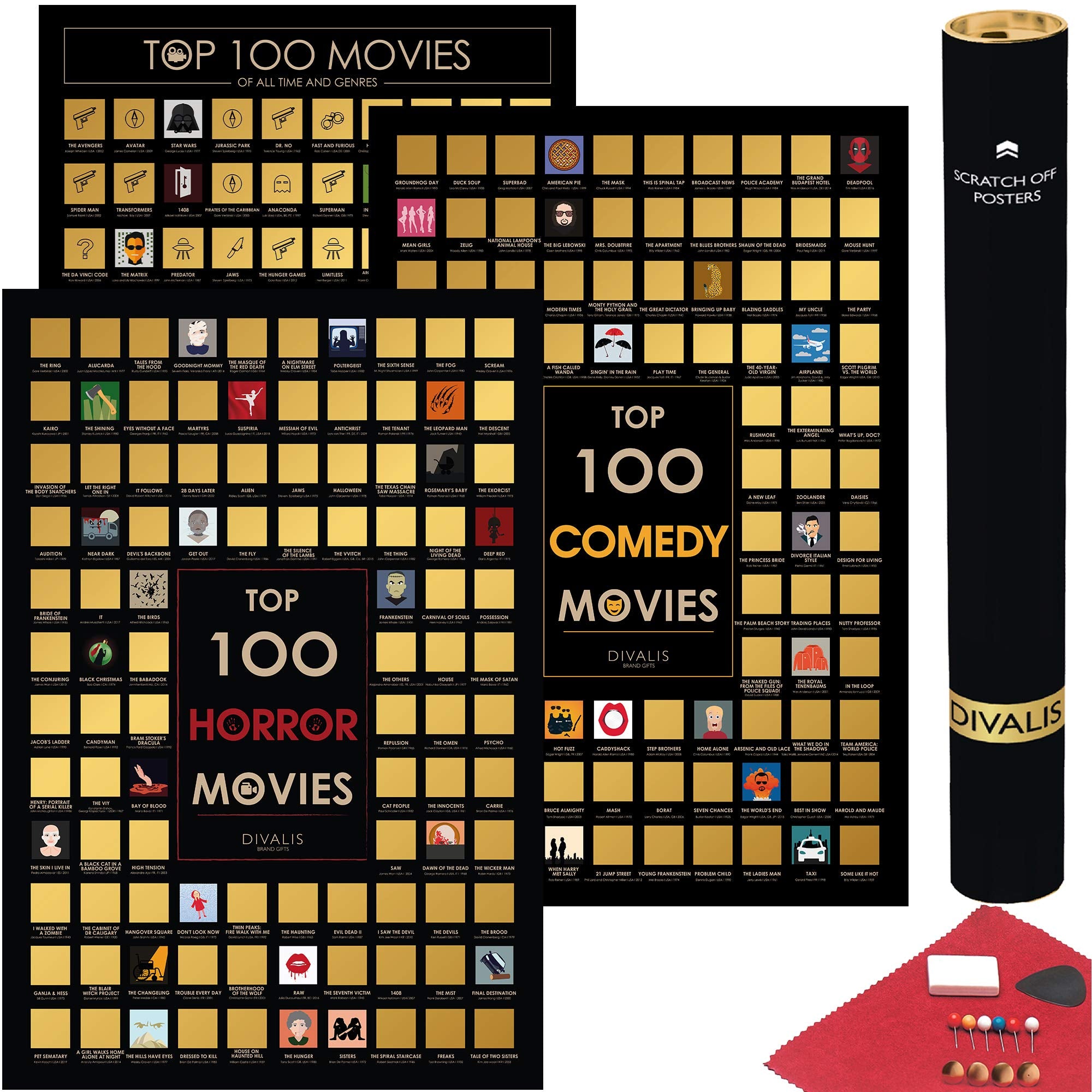 3 In 1 Gift Set - Top 100 Scratch Off Movies, Horrors, Comedy Posters Bundle - Best Movies To Watch - Essential Cinema Checklist
