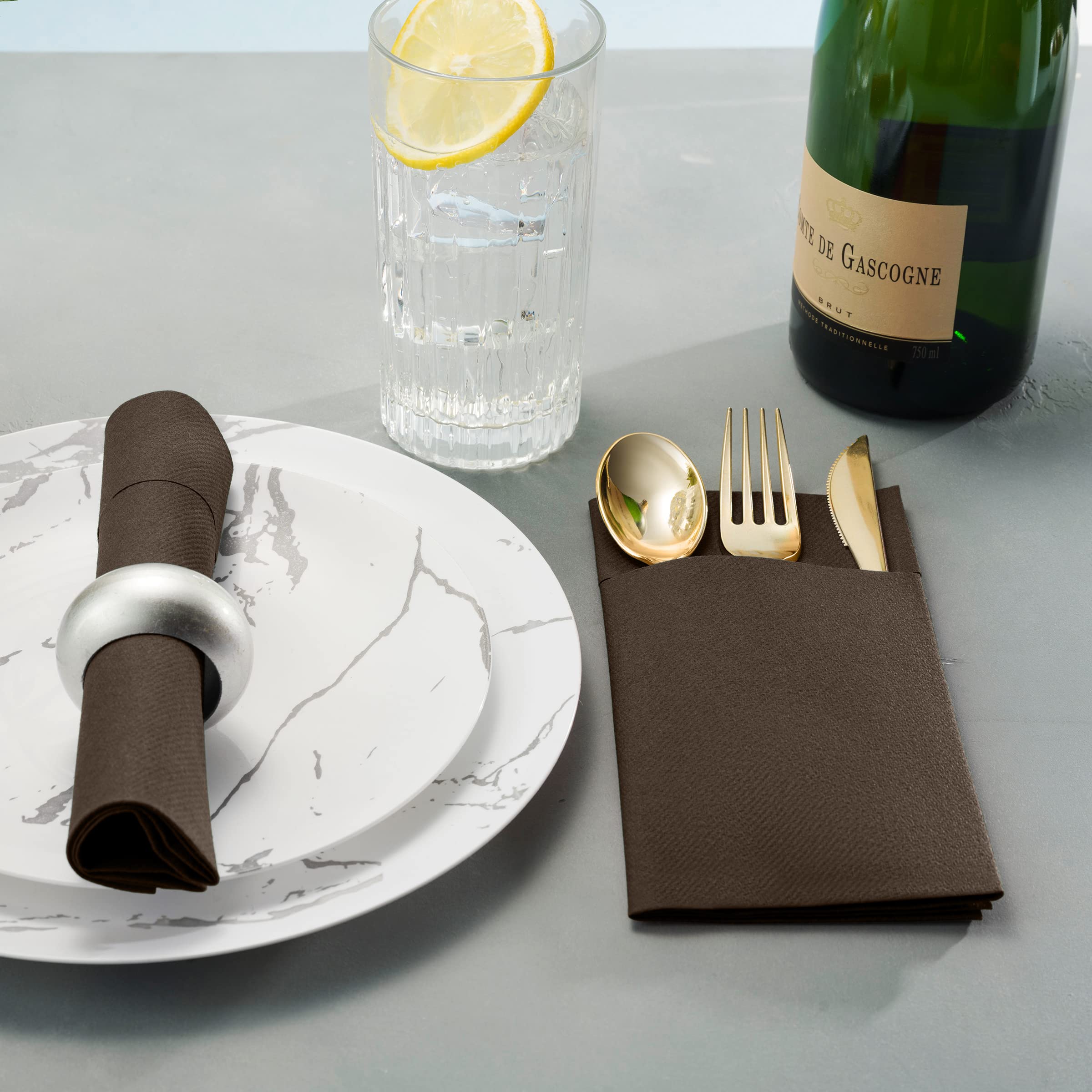 Disposable Linen-Feel Dinner Napkins with Built-in Flatware Pocket  50-Pack BROWN Prefolded Cloth Like Paper Napkins For Dinner  Wedding Or Party [Silverware NOT Included]