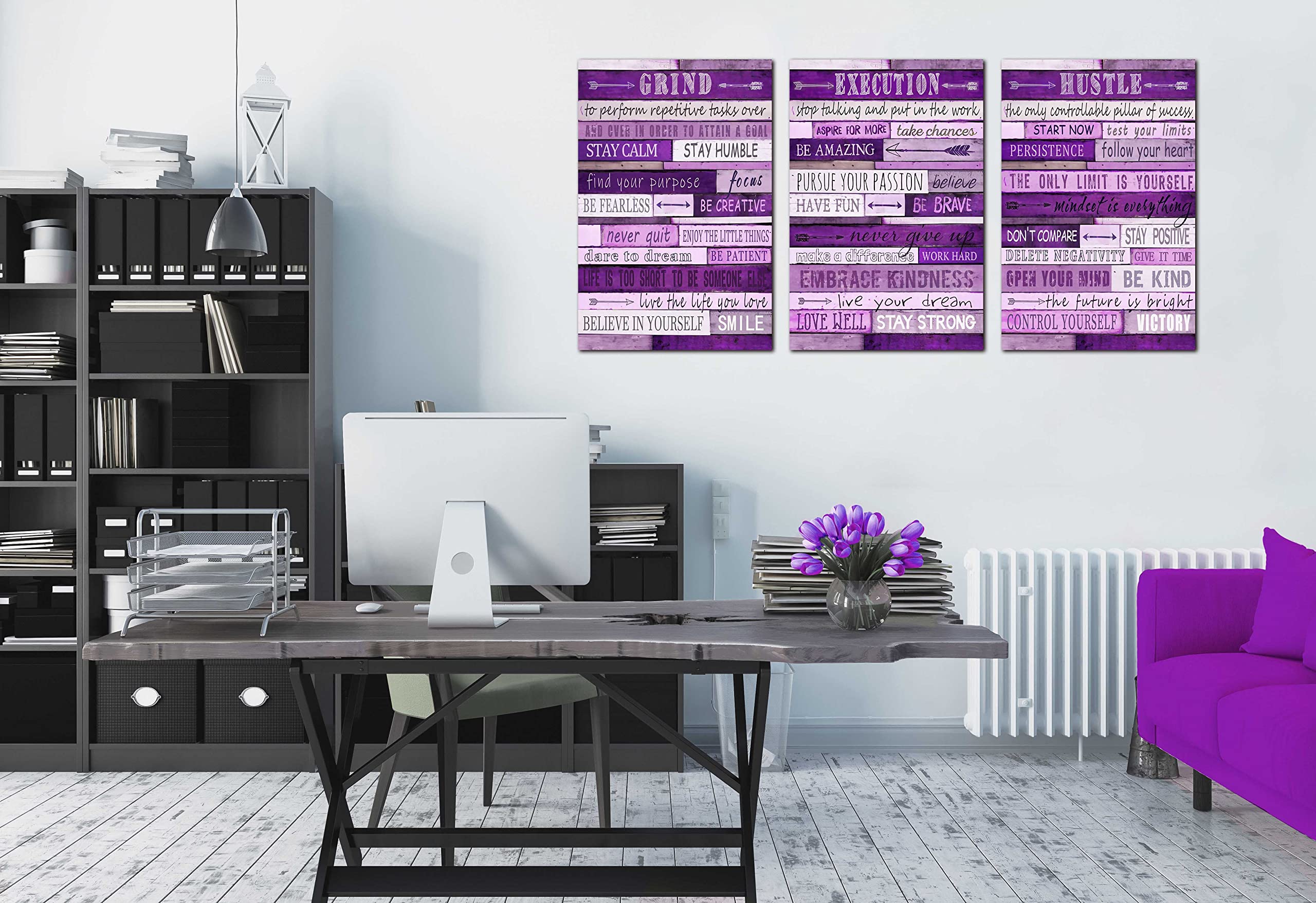 Purple Room Decor for Women - Motivational Inspirational Quotes Wall Art for Office - Large Canvas Wall Art Ready to Hang Size 16'' x 24'' x 3 Pieces