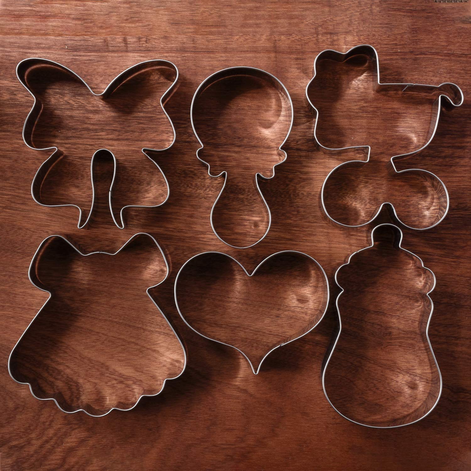 Liliao Baby Shower Cookie Cutter Set - 6 Piece - Feeding Bottle, Rattle, Heart, Carriage, Princess Dress And Bow/Ribbon Biscuit