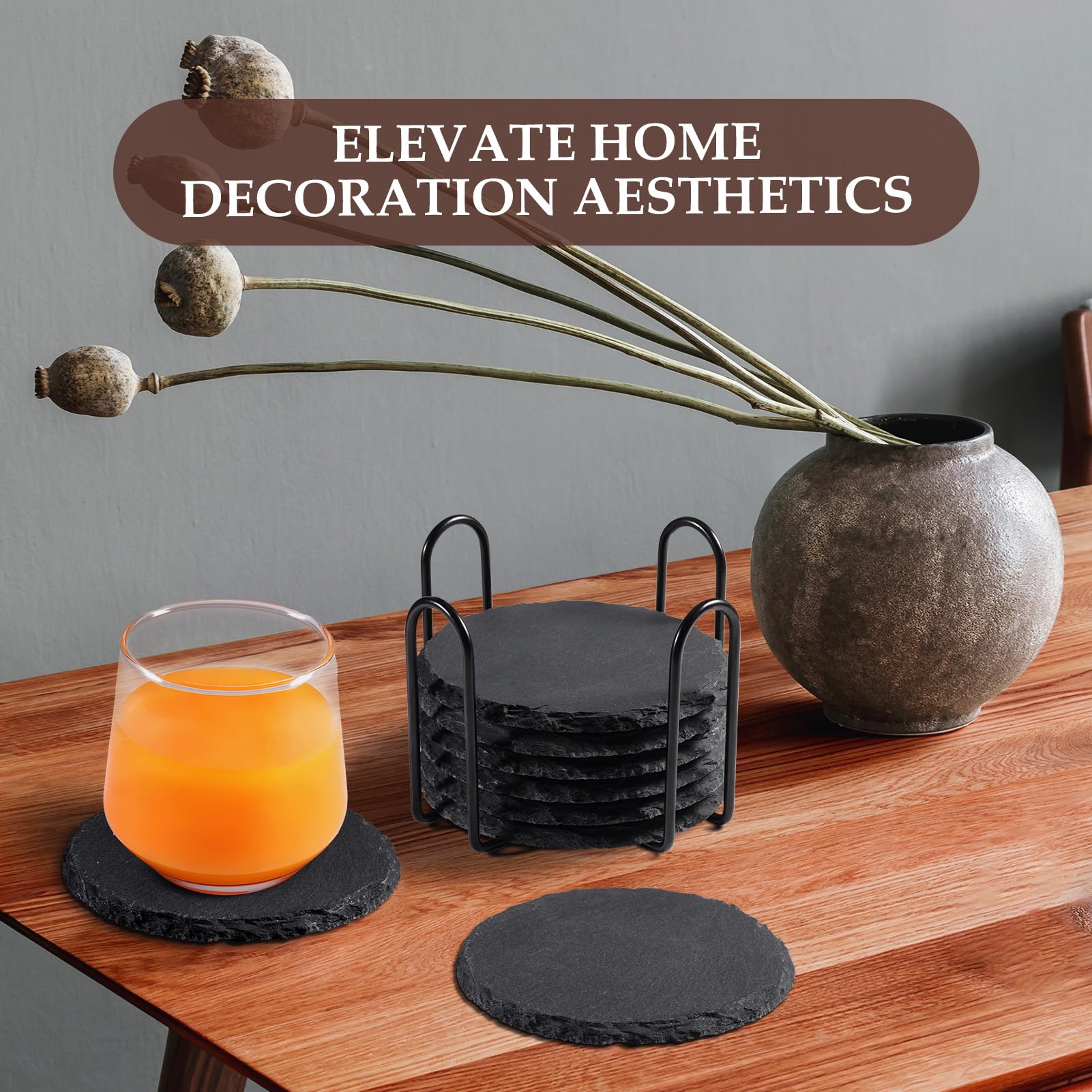 Slate Drink Coasters with Metal Holder  GOH DODD 4 Inch 8 Pieces Black Stone Coasters Blank Coaster Set Decor Tabletop Protection for Home Office Kitchen Apartment Bar  Round