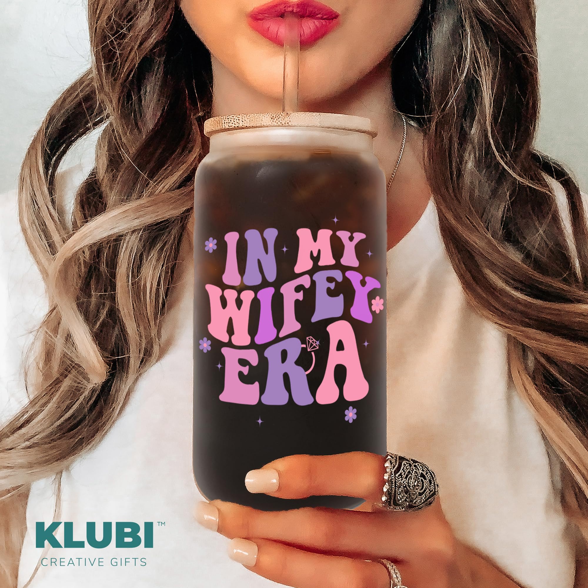 KLUBI Bridal Shower Gifts for Bride - In My Wifey Era 16oz Glass Cup Perfect Bride To Be Present Classy Bachelorette Wedding Gif