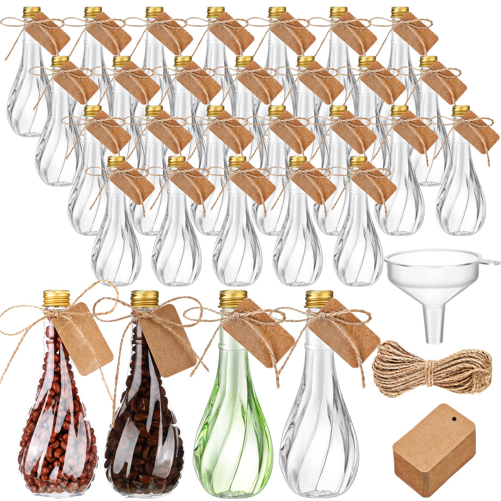 Lounsweer 30 Pack 5 oz Plastic Potion Bottles with Caps Clear Sand Art Bottles with Twine and Tags Souvenir Jars Bulk Wish Candy