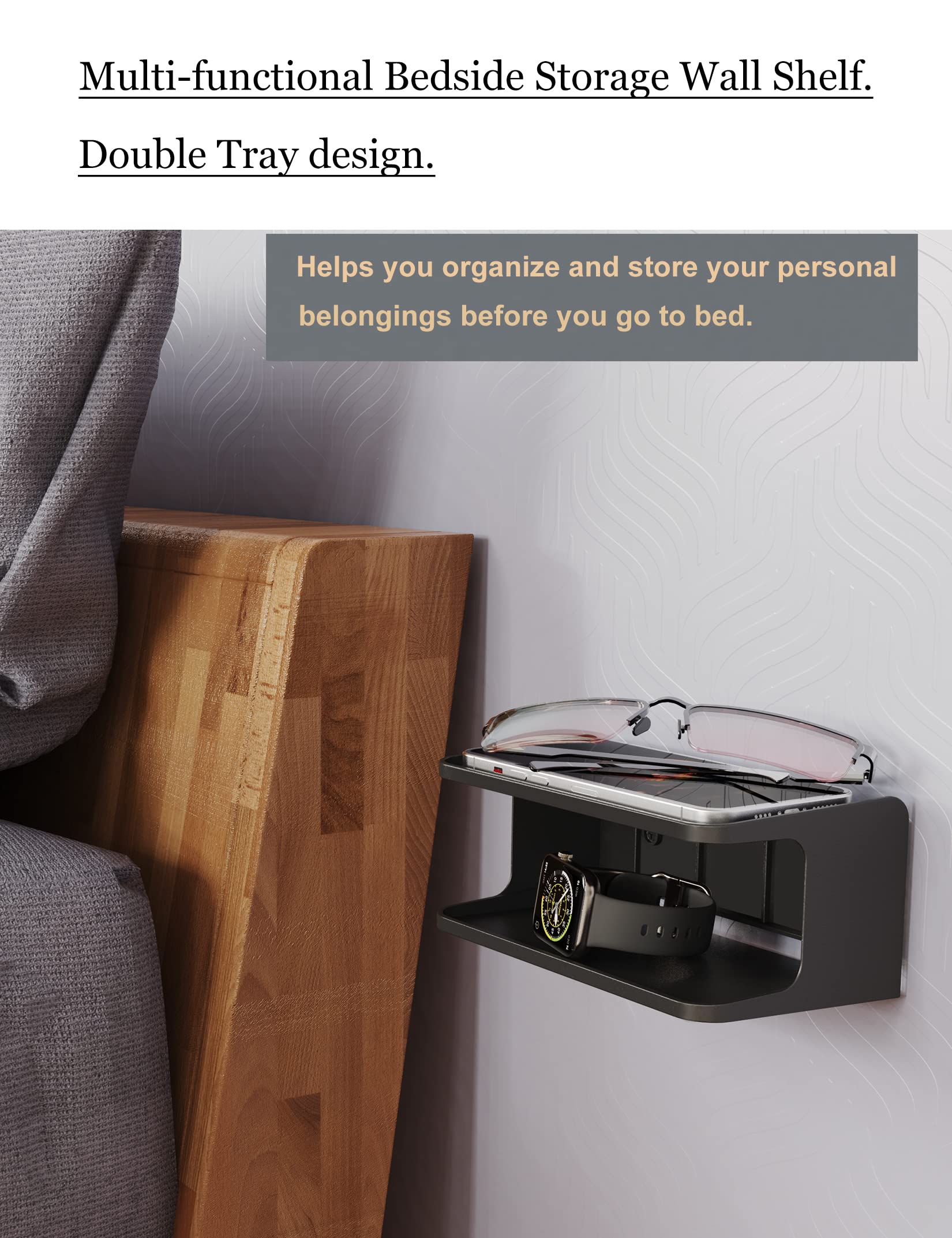Notmbestm Bedside Wall Shelf Organizer Small Bedside Shelf Wall Mount For Bed Universal Stick On Wall Shelf Double Tray Holder F