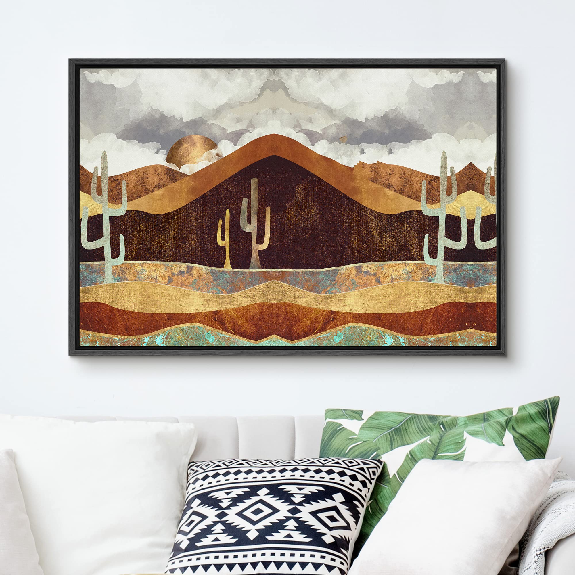 Signford Framed Canvas Print Wall Art Brown Desert Canyon With Cacti Abstract Wilderness Illustrations Modern Art Rustic Scenic