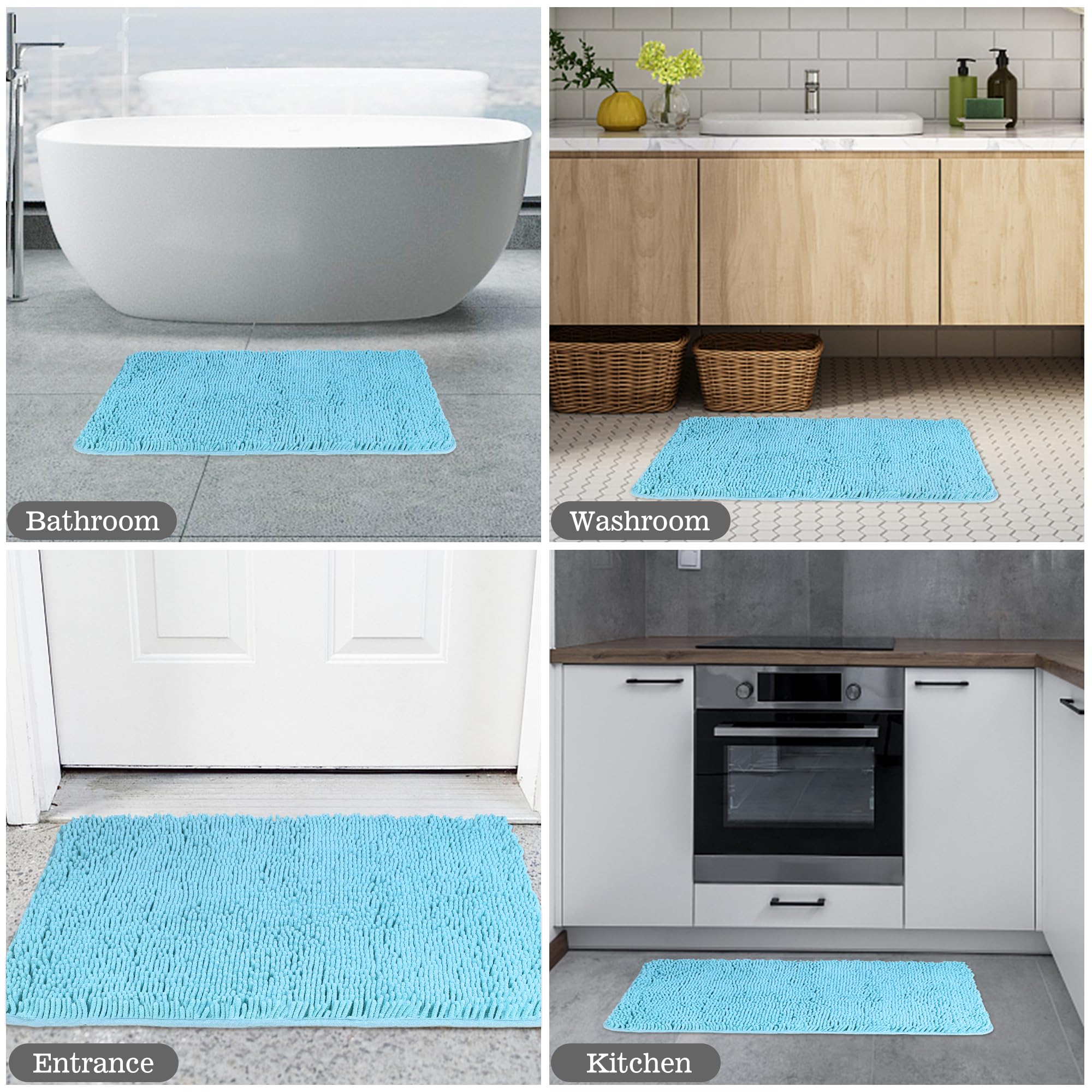 Yeaban Sky Blue Bathroom Rugs - Thick Chenille Bath Mats | Absorbent And Washable Bath Rug Non-Slip, Plush Rugs For Bathroom, Ki