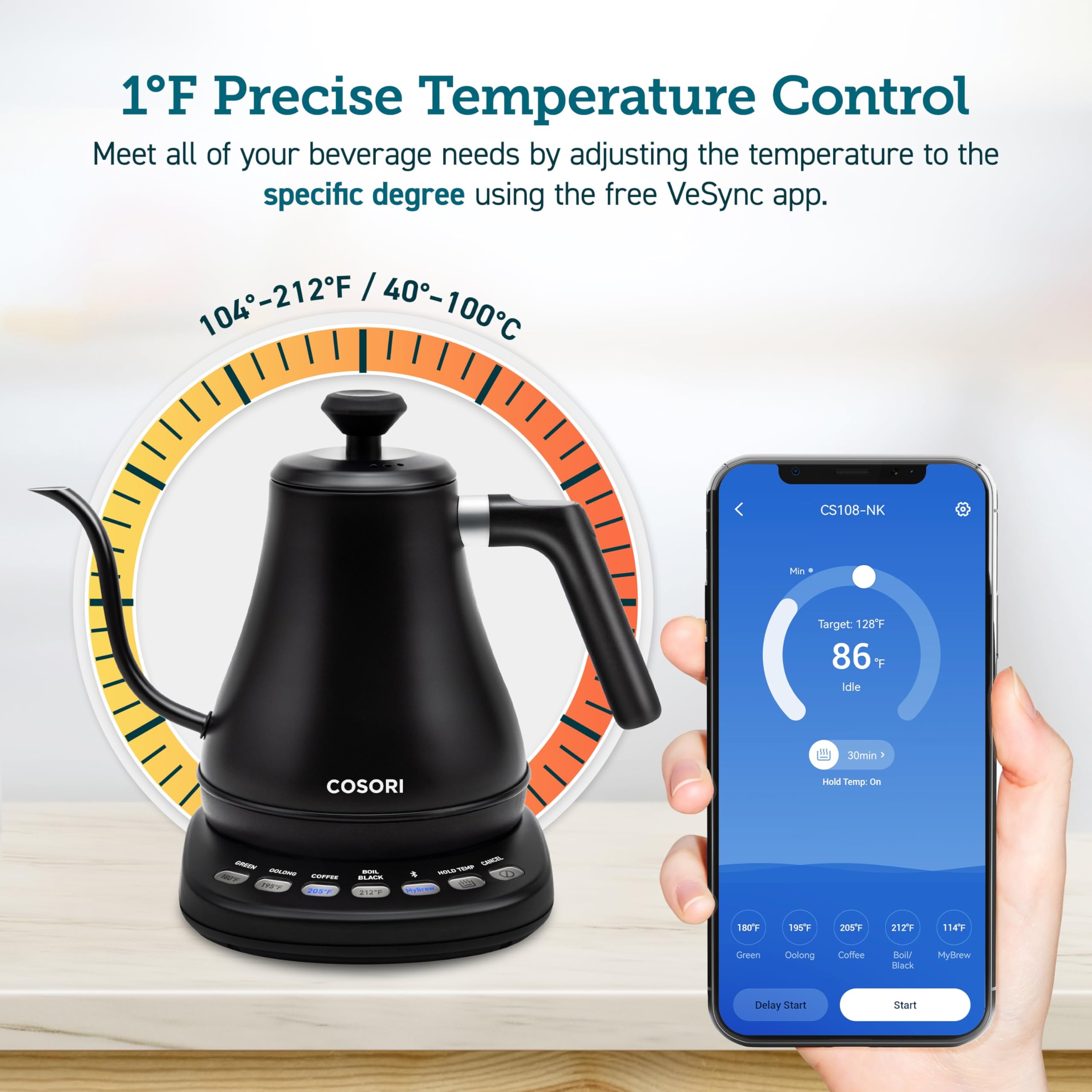 COSORI Electric Gooseneck Kettle Smart Bluetooth with Variable Temperature Control, Pour Over Coffee & Tea Maker, 100% Stainless
