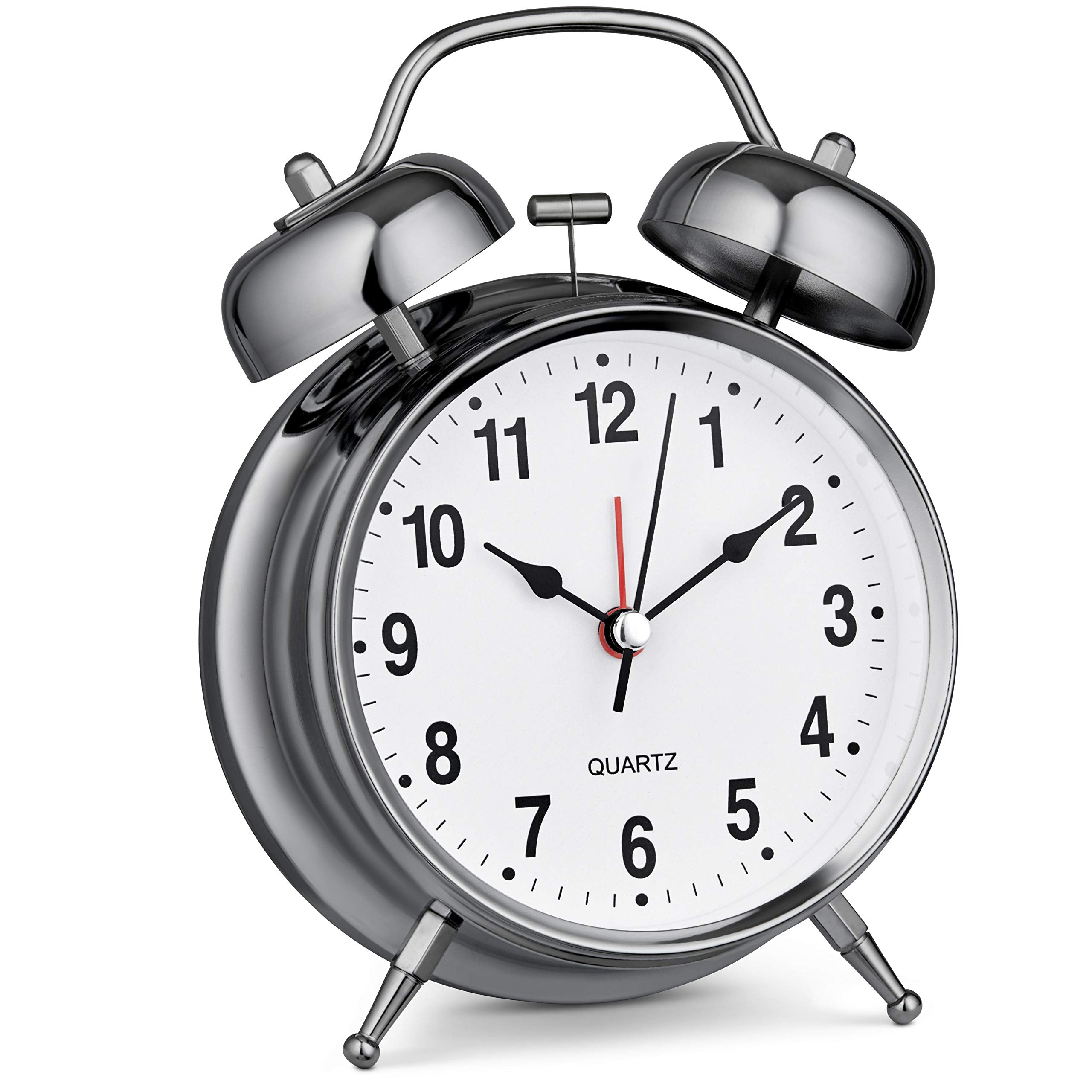 Bernhard Products Analog Alarm Clock Twin Bell 4 Silver Metal Extra Loud Quartz Battery Operated with Backlight Silent Non-Ticki
