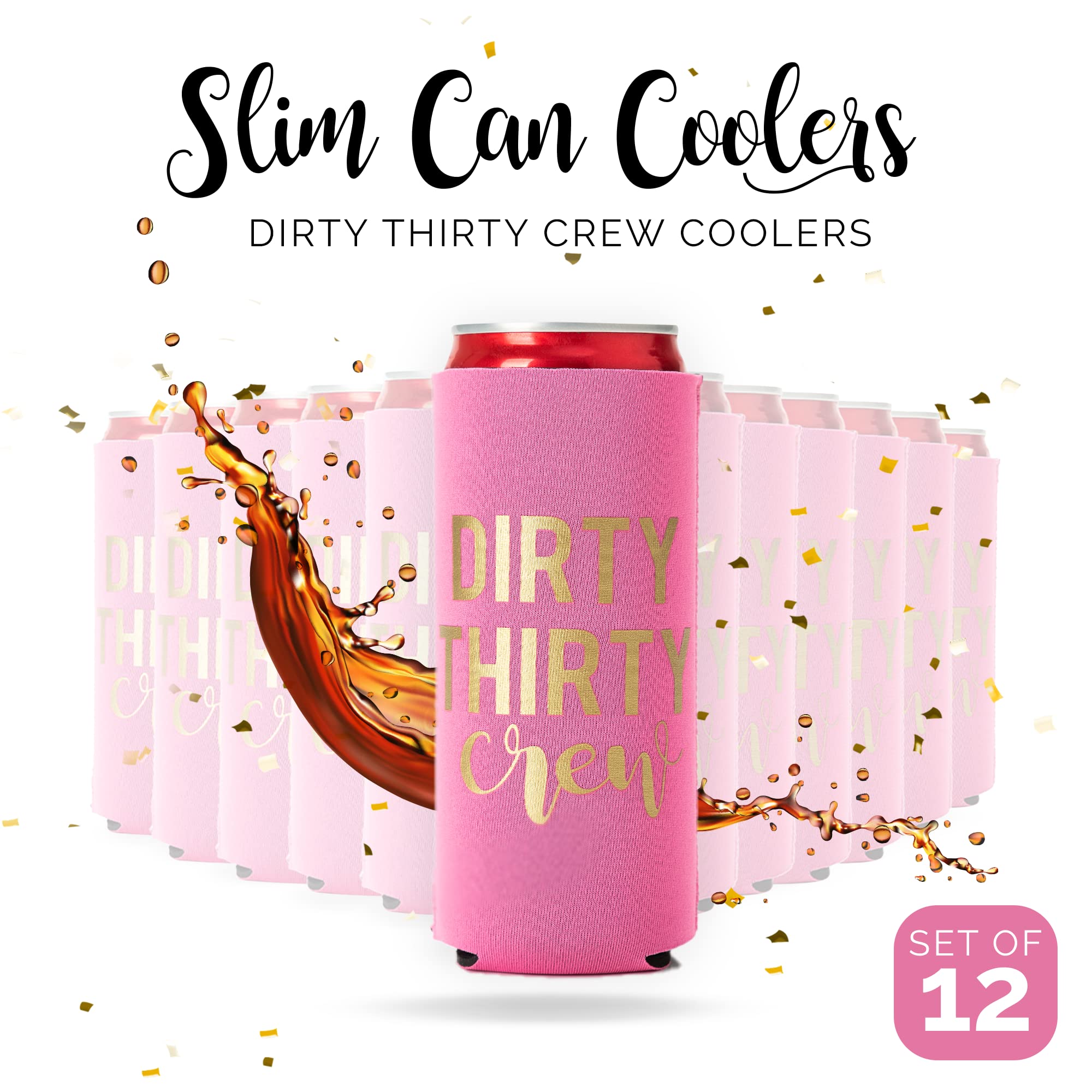 Dirty Thirty Crew Can Coolers, 30Th Birthday Party Coolies, Set Of 12, Black/White And Gold Thirtieth Birthday Cup Coolers, Perf