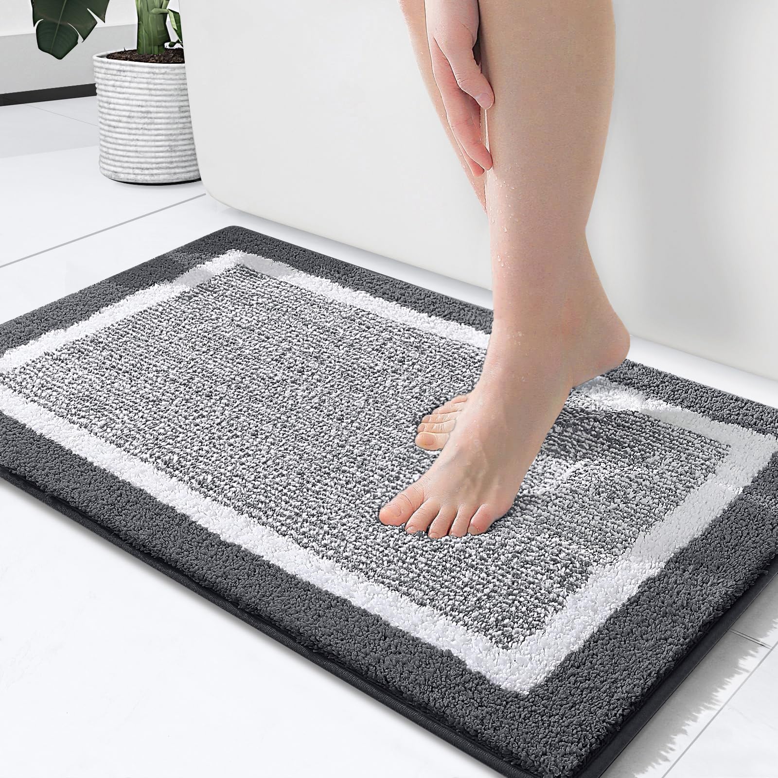 OLANLY Bathroom Rugs 24x16  Extra Soft and Absorbent Microfiber Bath Mat  Non-Slip  Machine Washable  Quick Dry Bath Carpet  Suitable for Bathroom Floor  Tub  Shower (Dark Grey and White)