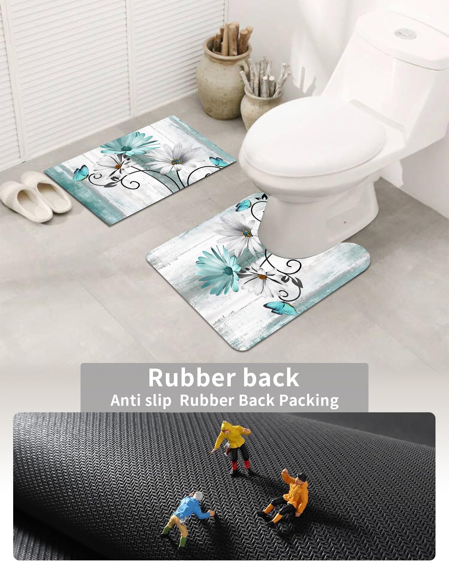 Muginyu Teal Daisy Floral Bath Rug Sets 3 Piece, Rustic Farm Farmhouse Bath Mat Quick Dry Thin Rubber Diatomaceous Earth Turquoi