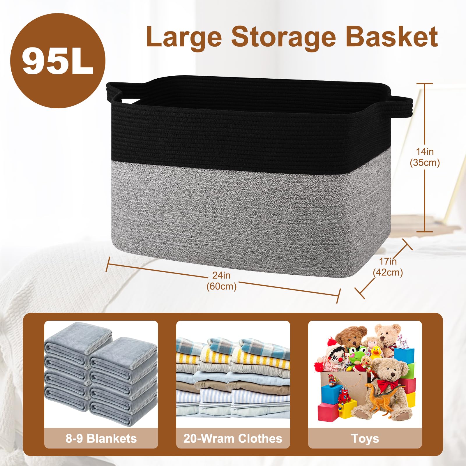 Oiasket Extra Large Laundry Basket, 95L Blanket Basket For Living Room, Cotton Rope Storage Basket, Toy Basket For Kids, Woven B