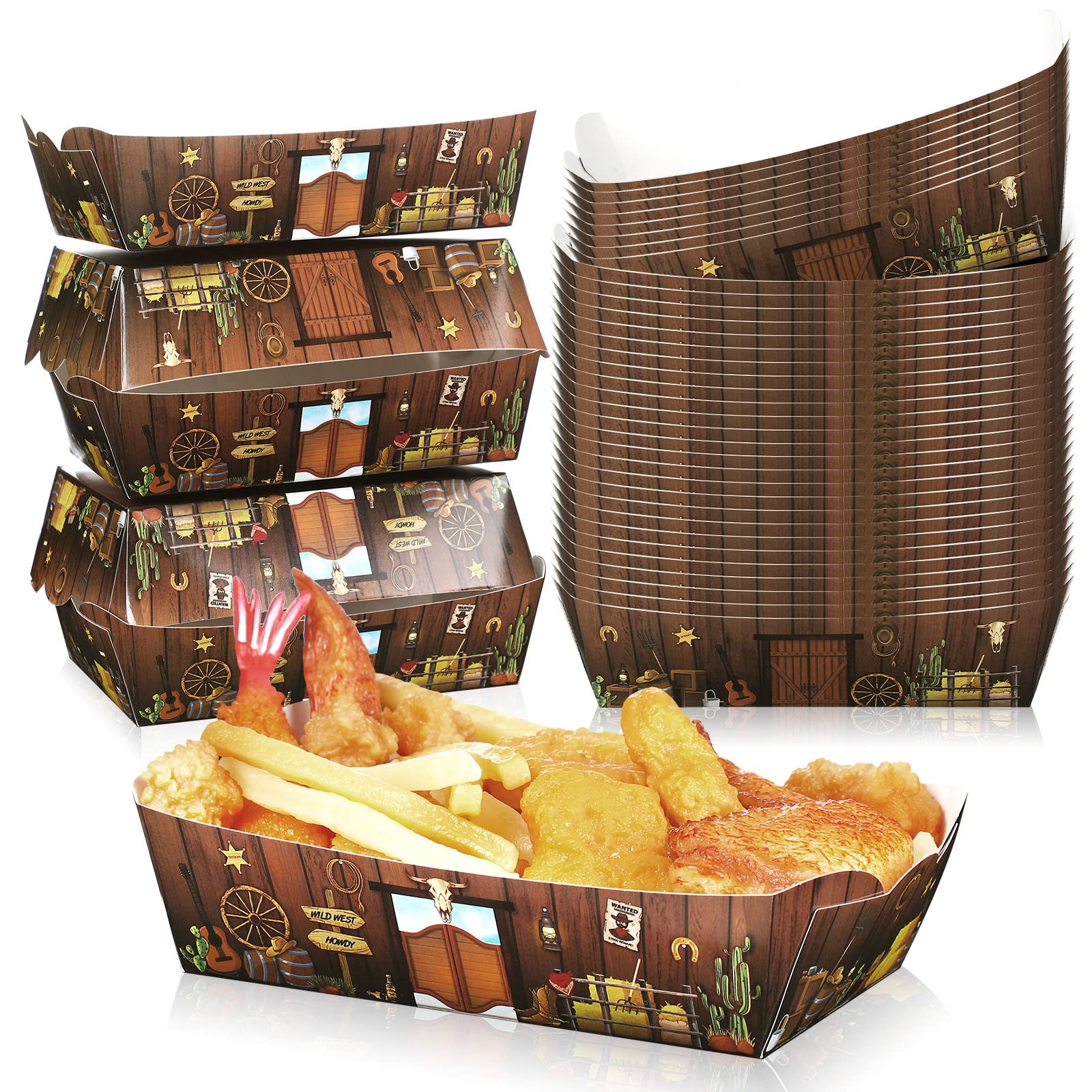 200 Pieces Western Party Decorations 1Lb Cowboy Paper Food Trays Saloon Western Scene Wild West Food Boats Disposable Serving Fo
