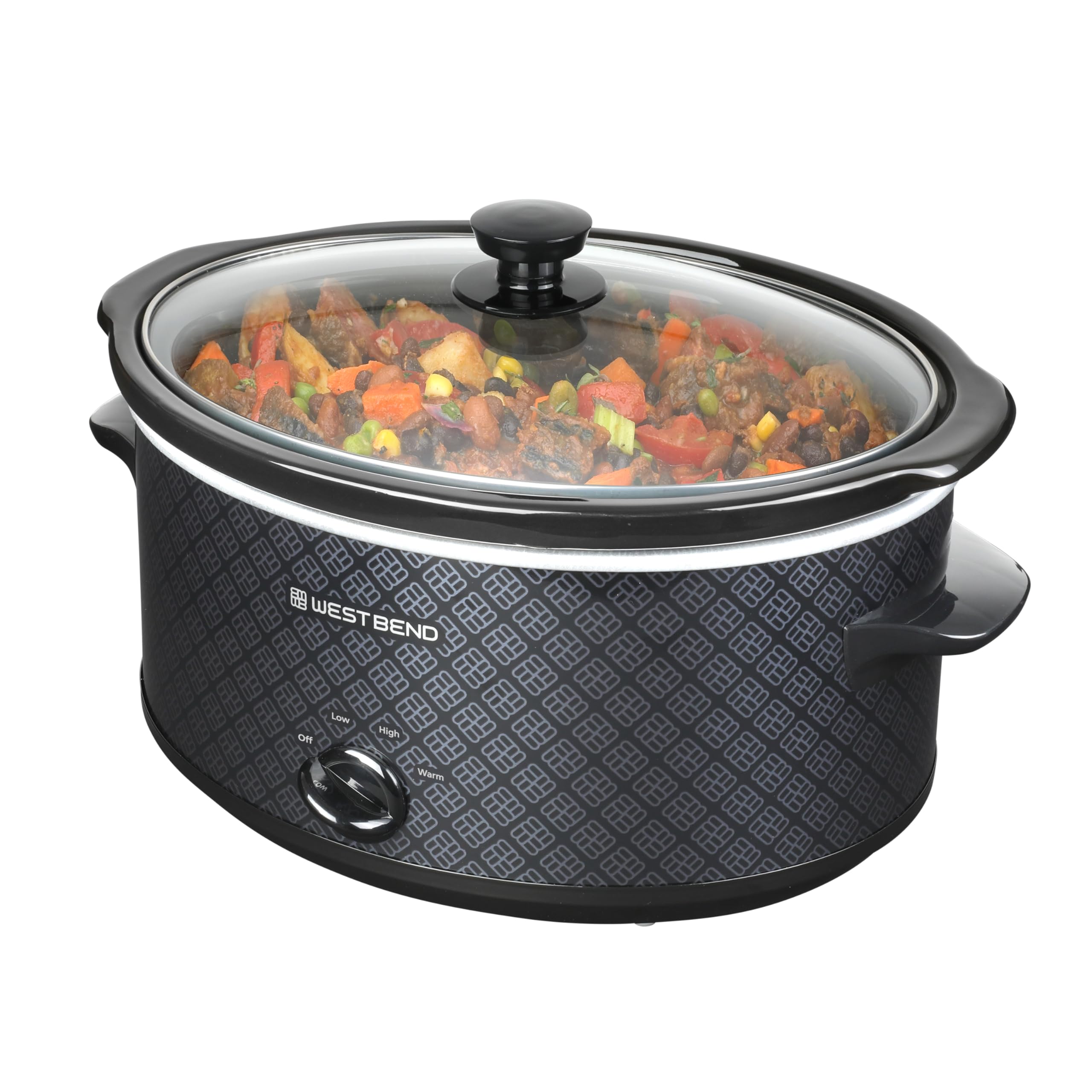 West Bend 6-Quart Slow Cooker, Manual Crockpot, Ceramic, Black, Model SCWB6QPTBK13, Dishwasher Safe, Two Temperature Settings